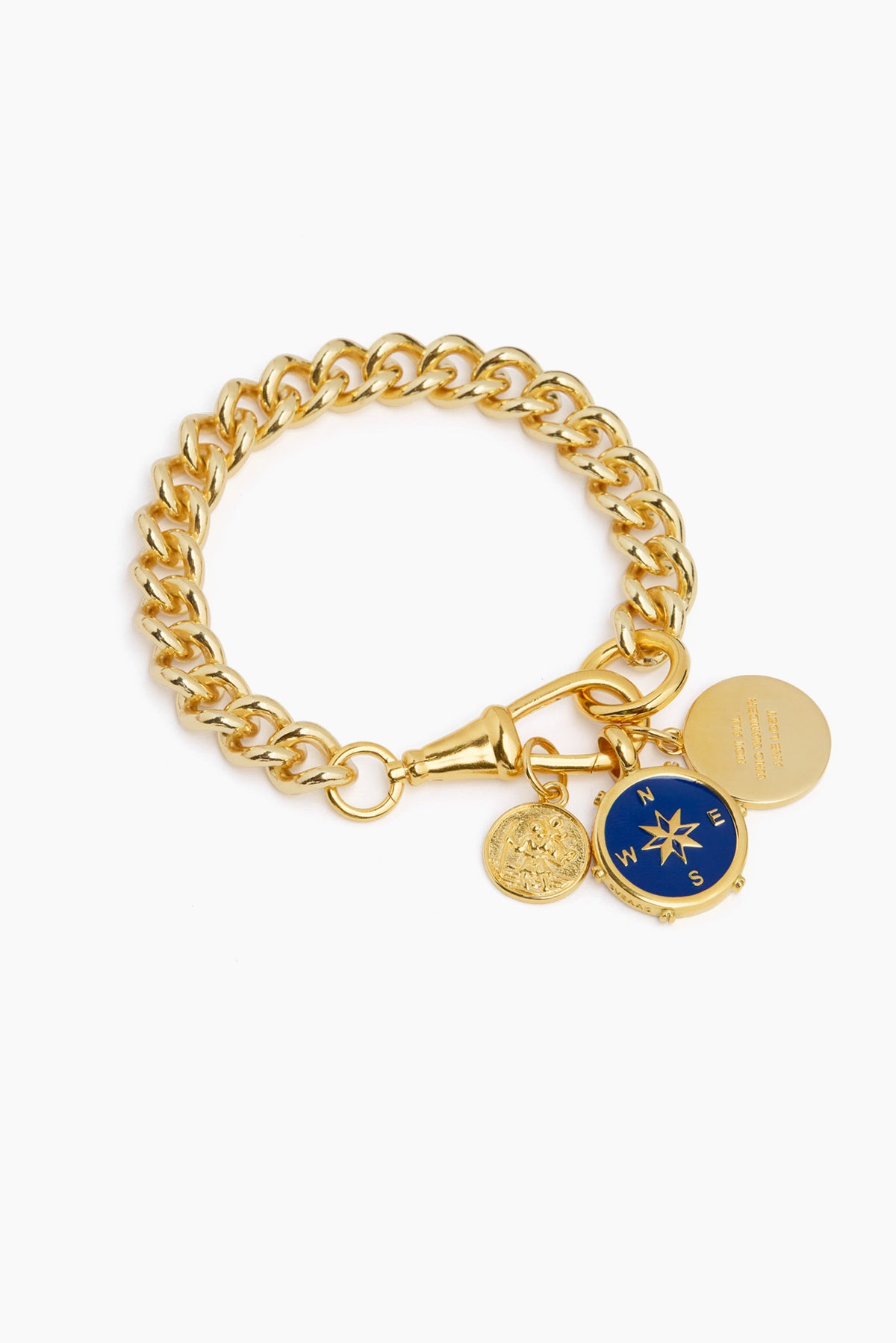 Gold chain charm bracelet with blue round star medallion and coin pendants