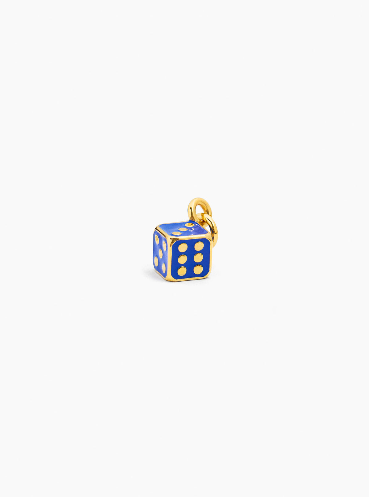 Small blue dice charm with gold loop and white dot faces