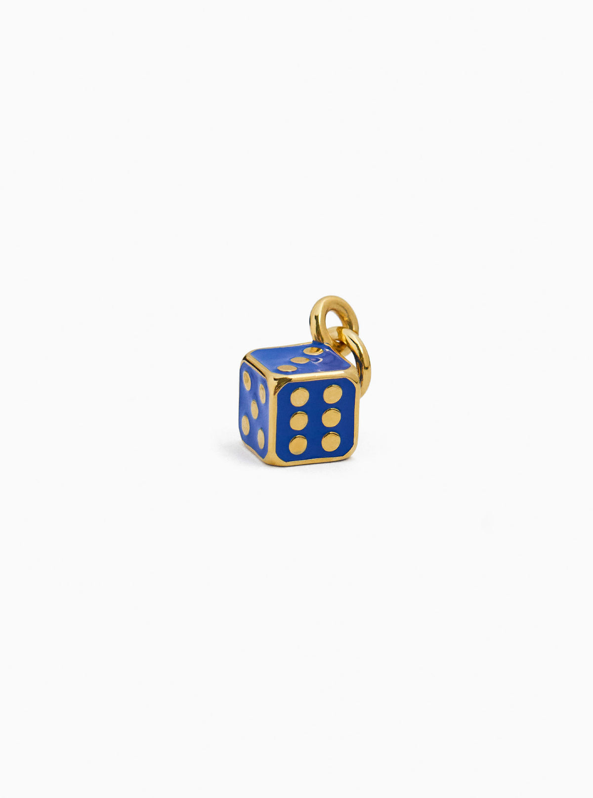 Navy dice charm with gold-tone loop and blue cube with yellow pips