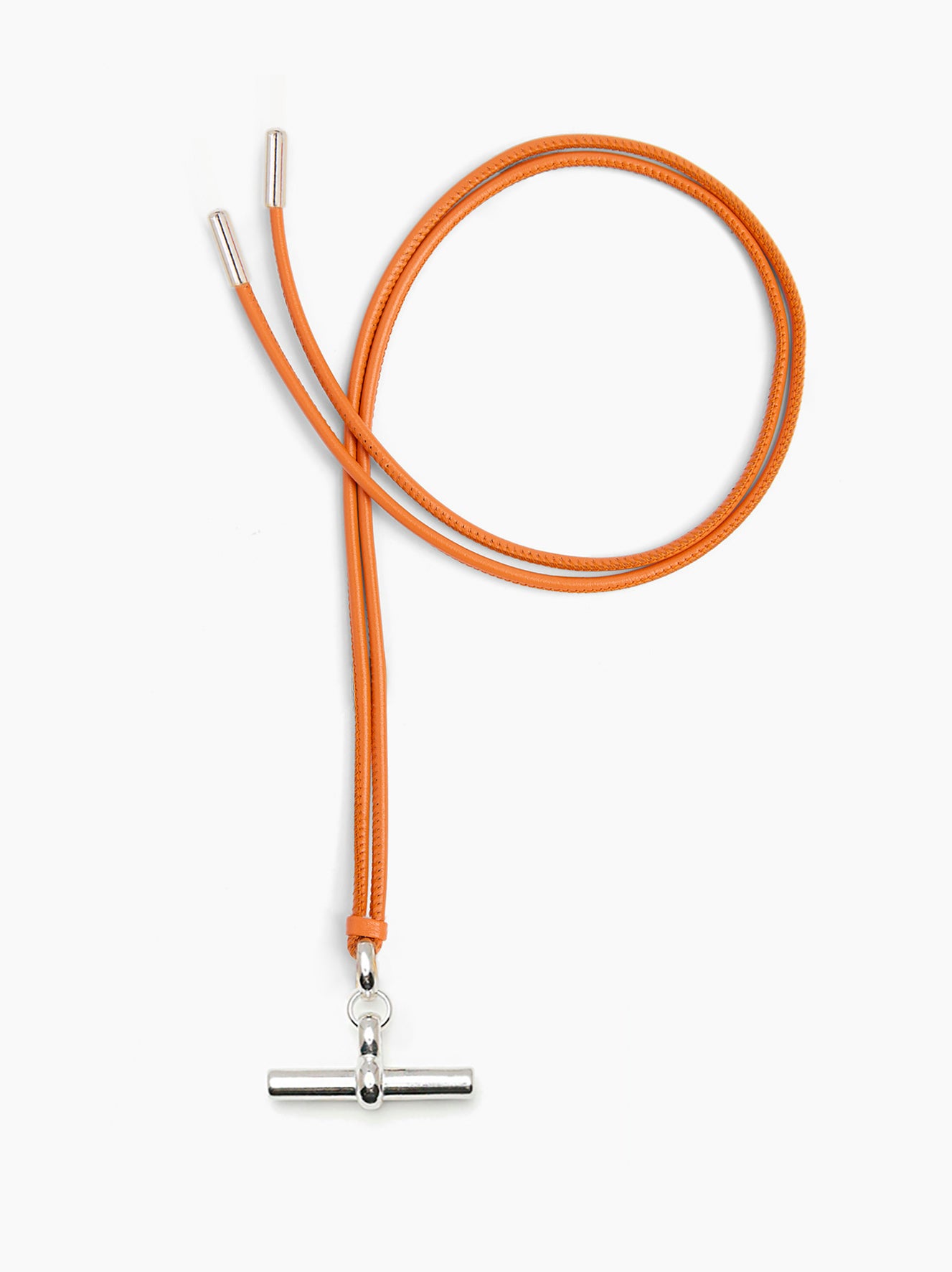 Orange leather T-bar necklace with silver clasp, adjustable cord ends