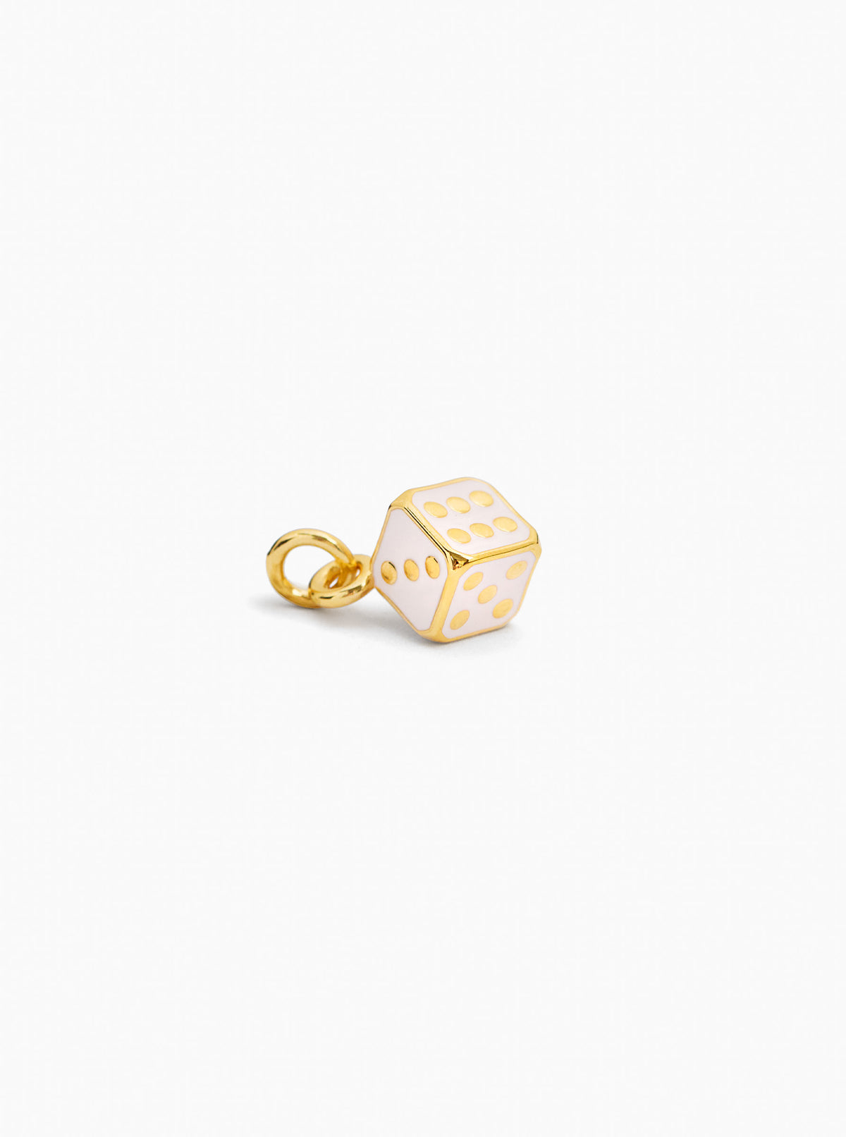 Cream dice charm with gold loop and dotted faces pendant