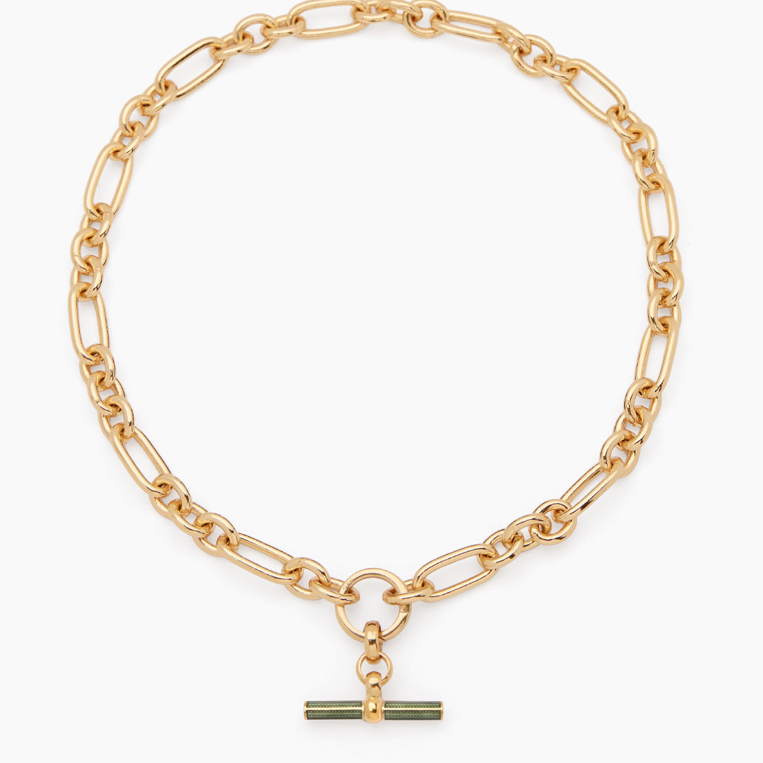Olive Enamelled Small Gold T-Bar on Clipt Watch Chain Necklace