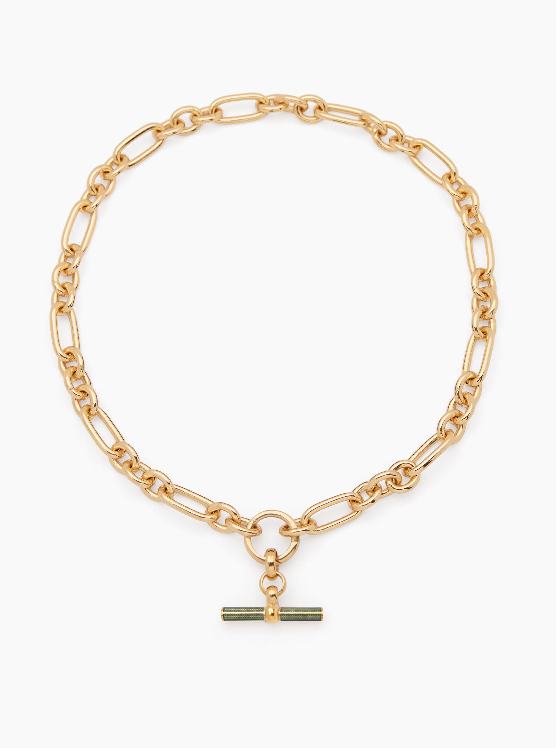 Olive Enamelled Small Gold T-Bar on Clipt Watch Chain Necklace