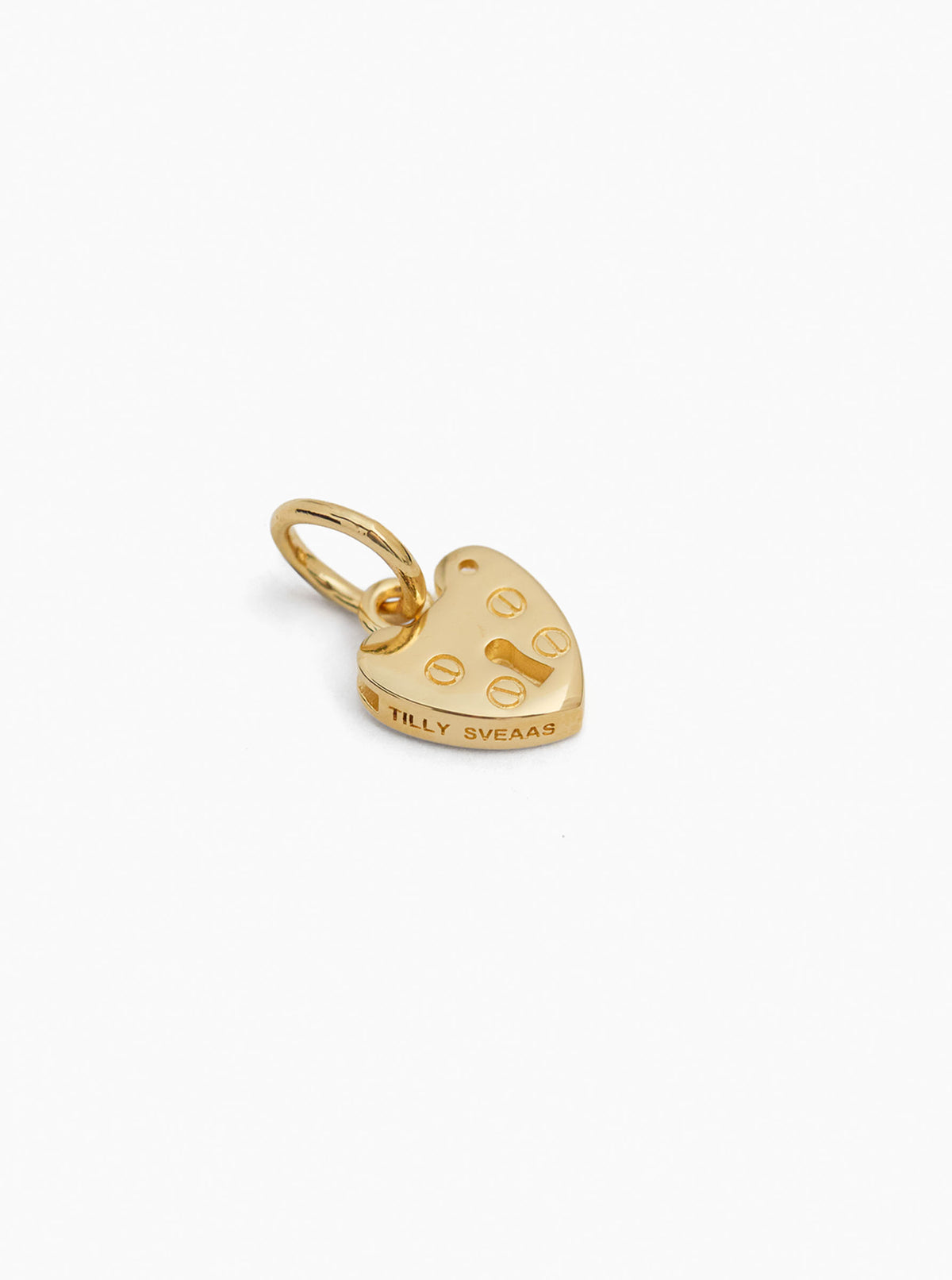 Small gold padlock charm with loop bail, engraved heart-shaped front
