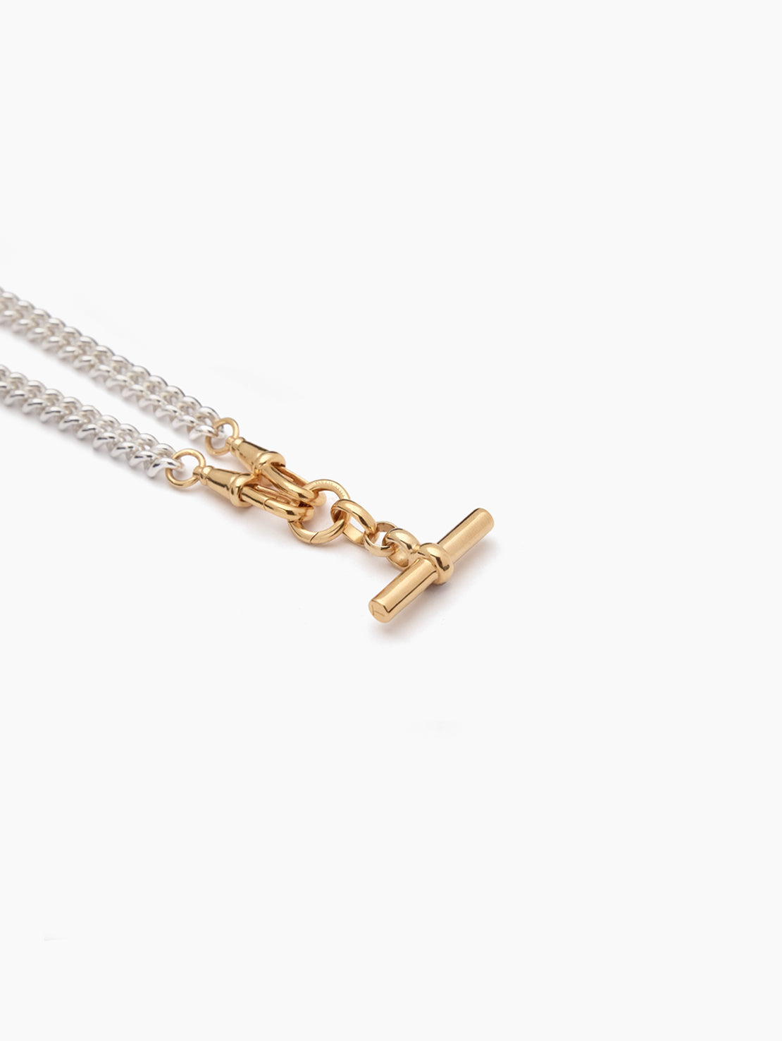 Small Gold T-bar on Slim Silver and Gold Curb Clipt Necklace