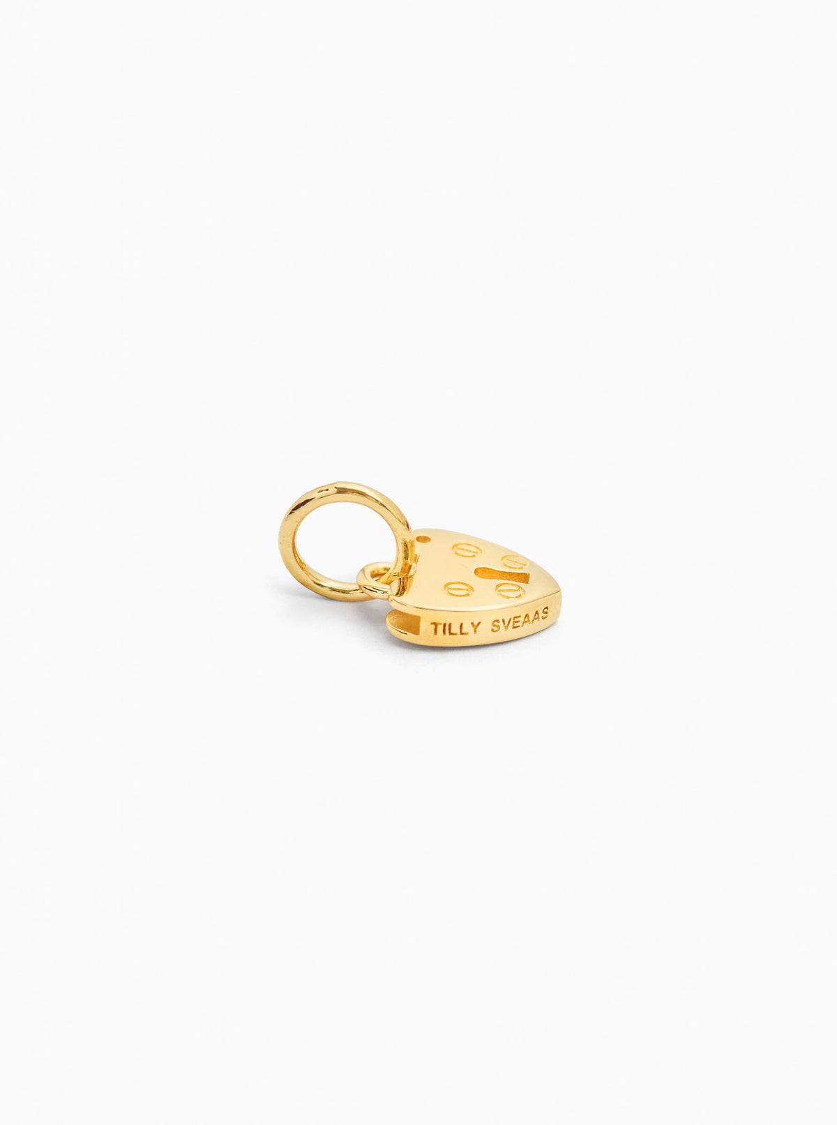 Gold padlock-style charm with open ring and engraved motif