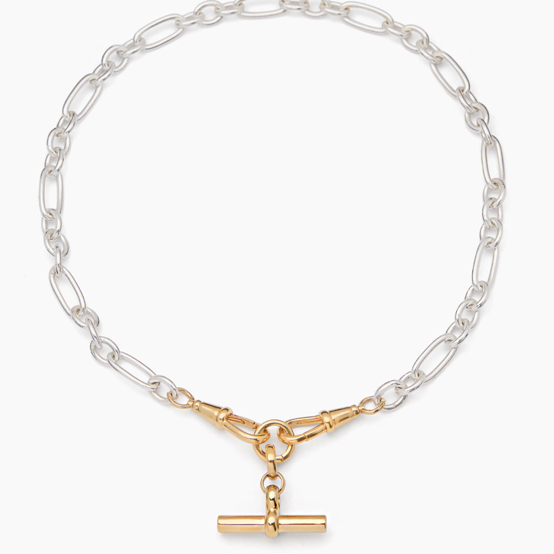 Medium Gold T-bar on Silver and Gold Clipt Watch Chain Necklace