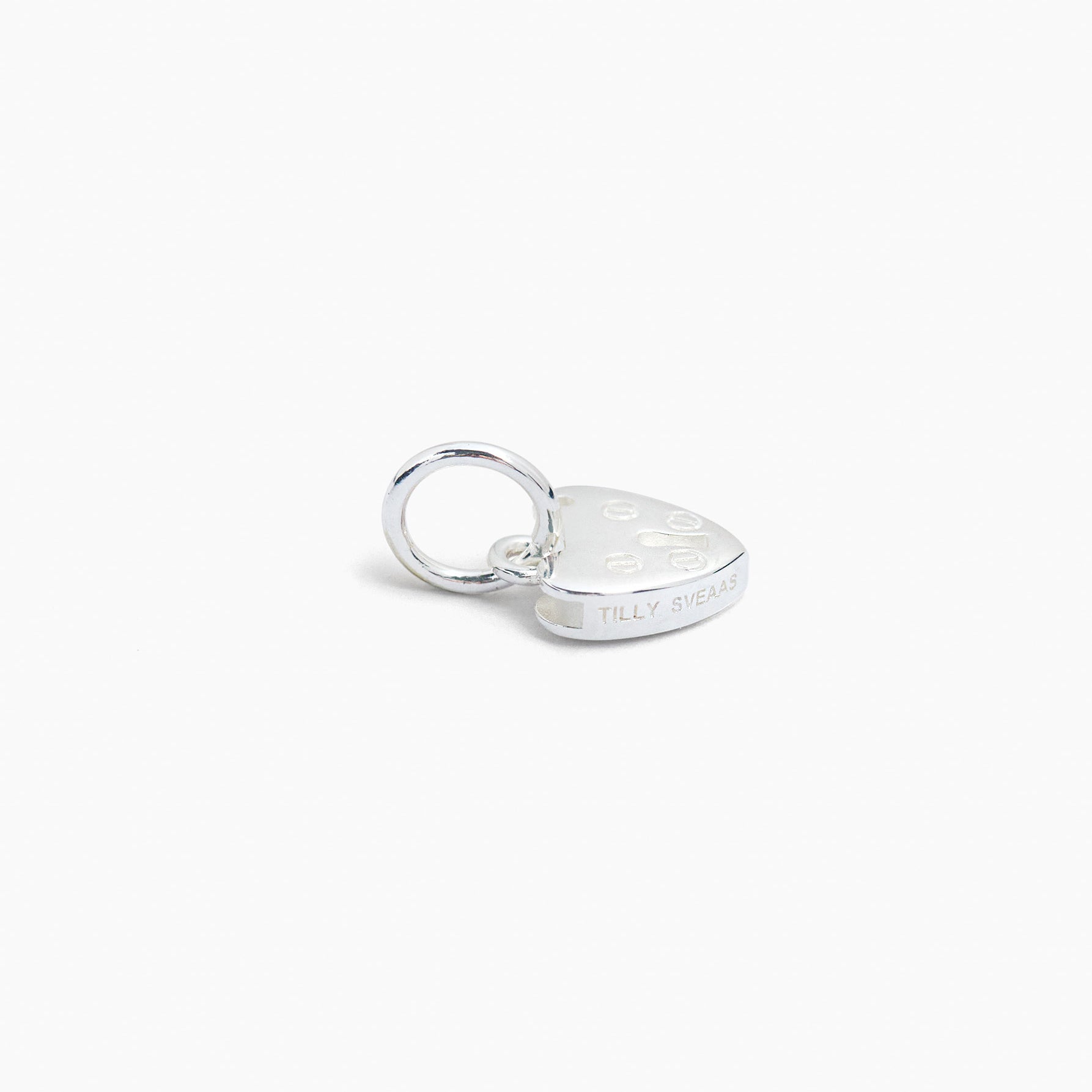 Small silver heart padlock charm with ring clasp, engraved pattern on front