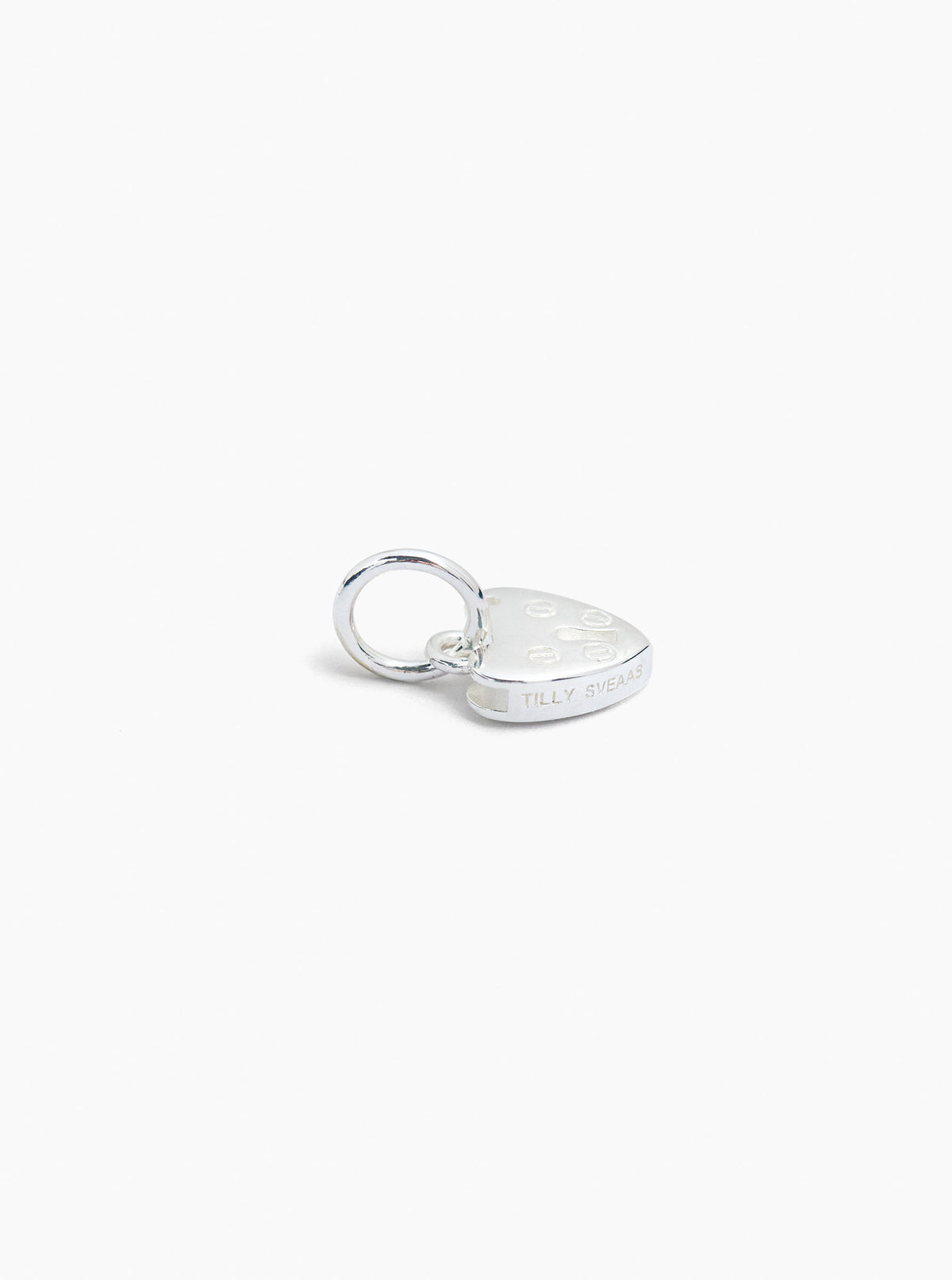 Small silver heart padlock charm with ring clasp, engraved pattern on front