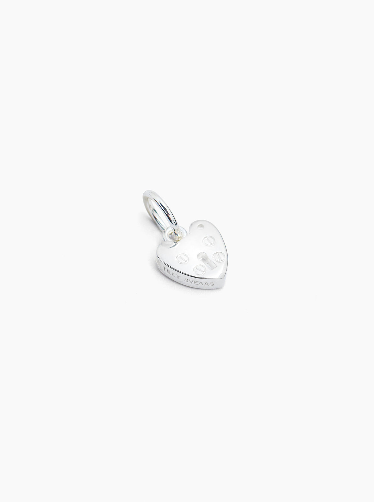 Silver heart-shaped padlock charm, side view with ring bail and engraved back