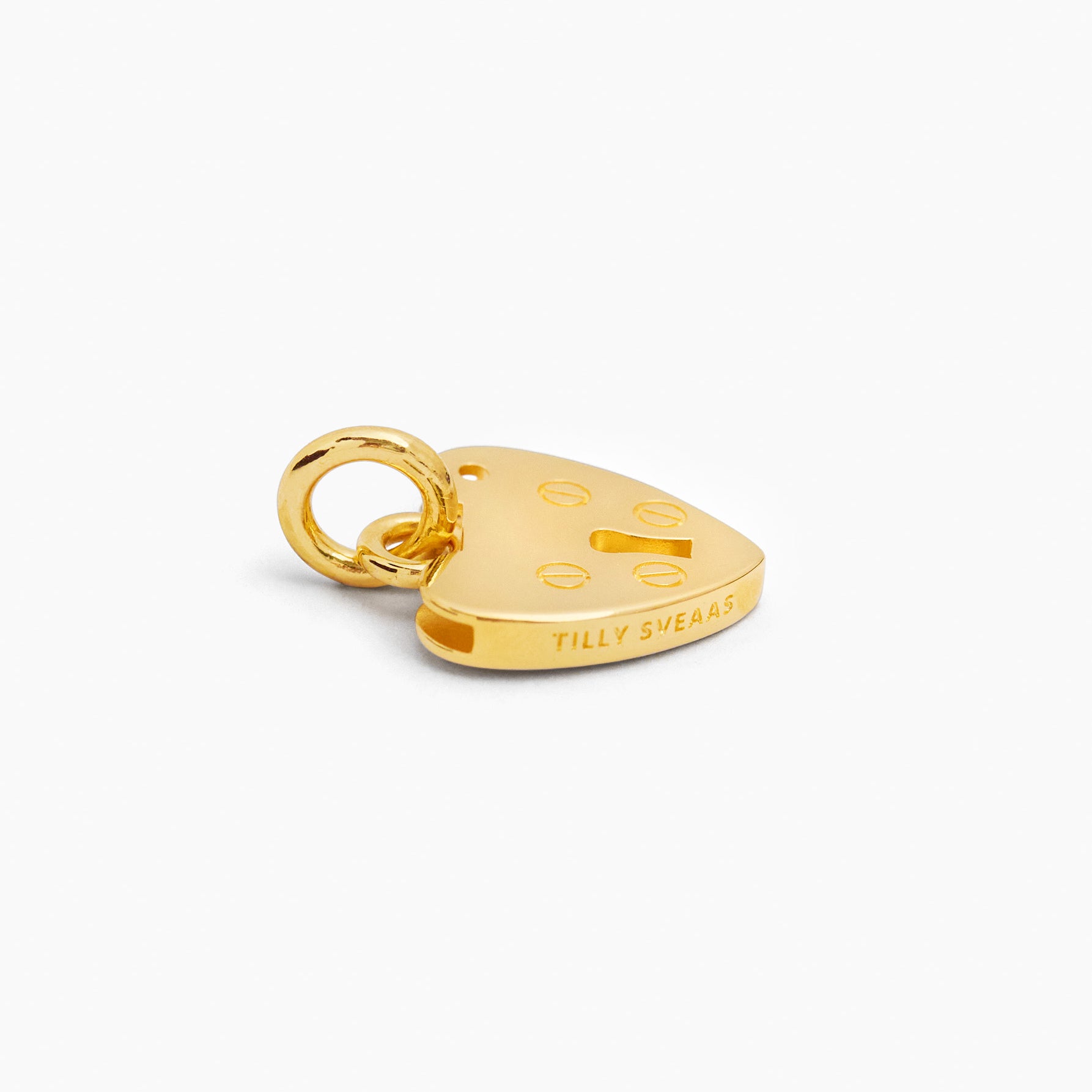 Gold heart padlock charm with engraved dots and small padlock motif, top loop bail