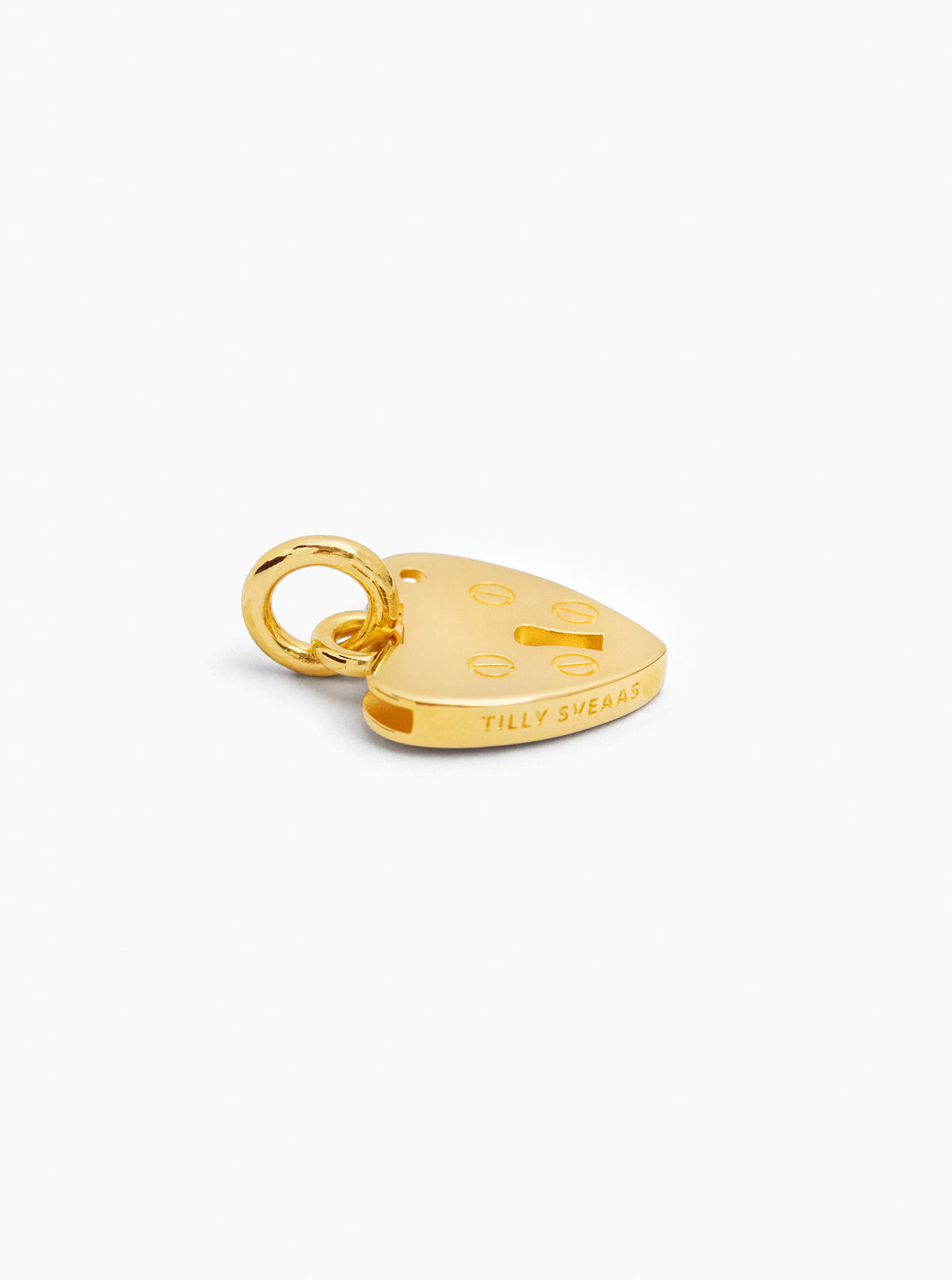 Gold heart padlock charm with engraved dots and small padlock motif, top loop bail
