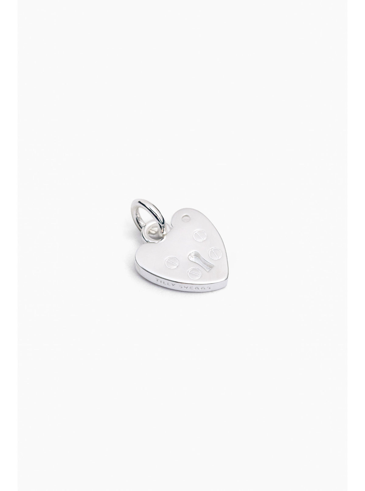 Silver heart padlock charm pendant with clasp loop and engraved front pattern
