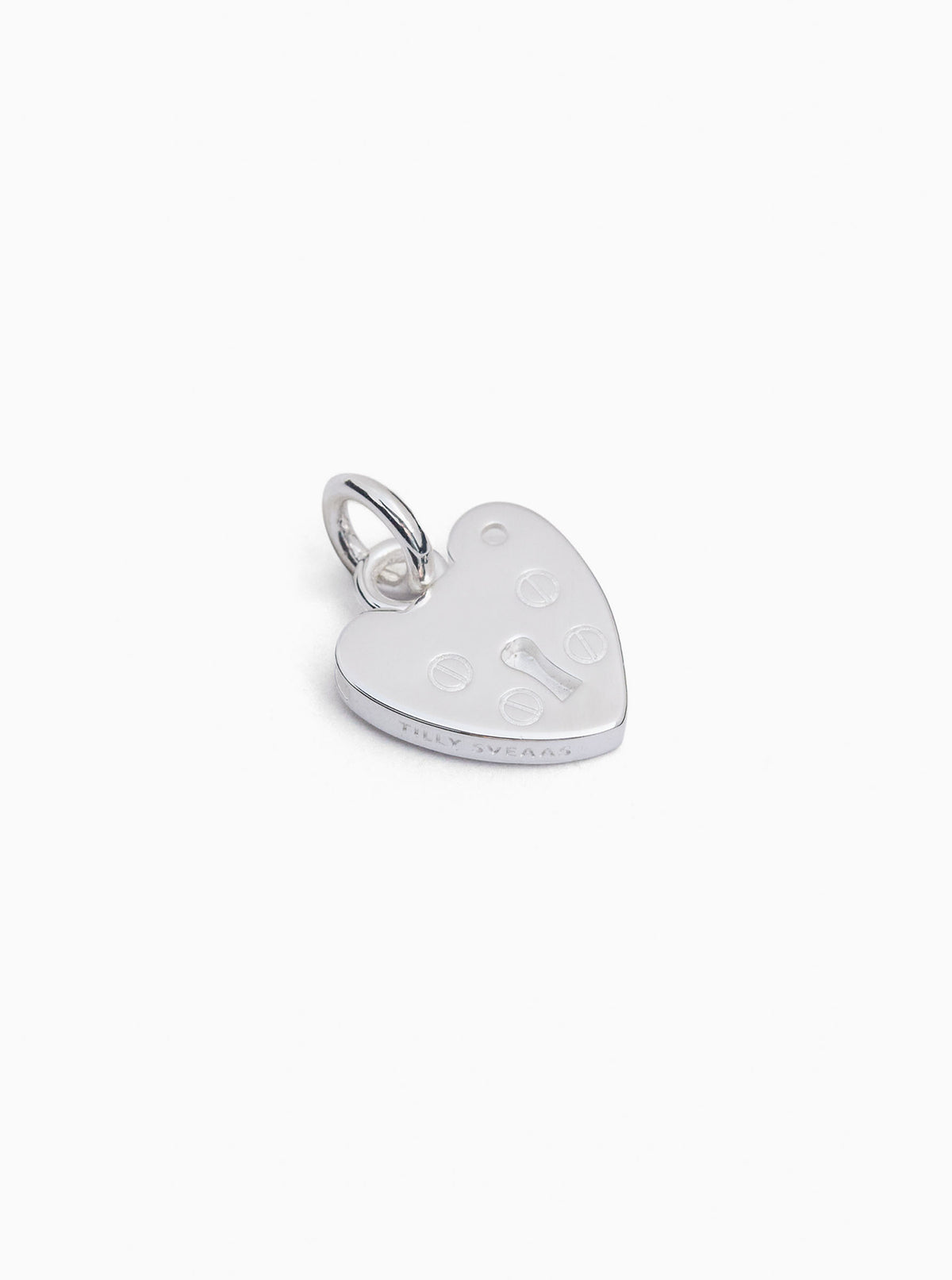 Silver padlock heart charm with hanging loop, smooth metal finish