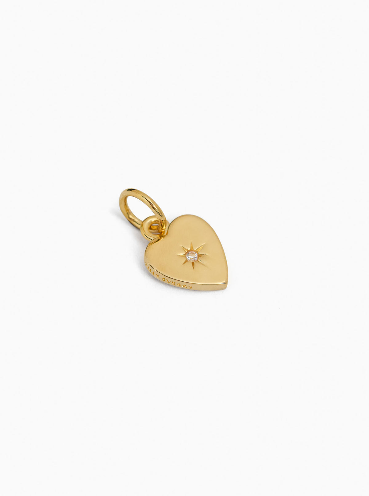 Small gold jeweled flat heart charm with clasp ring and starburst detail