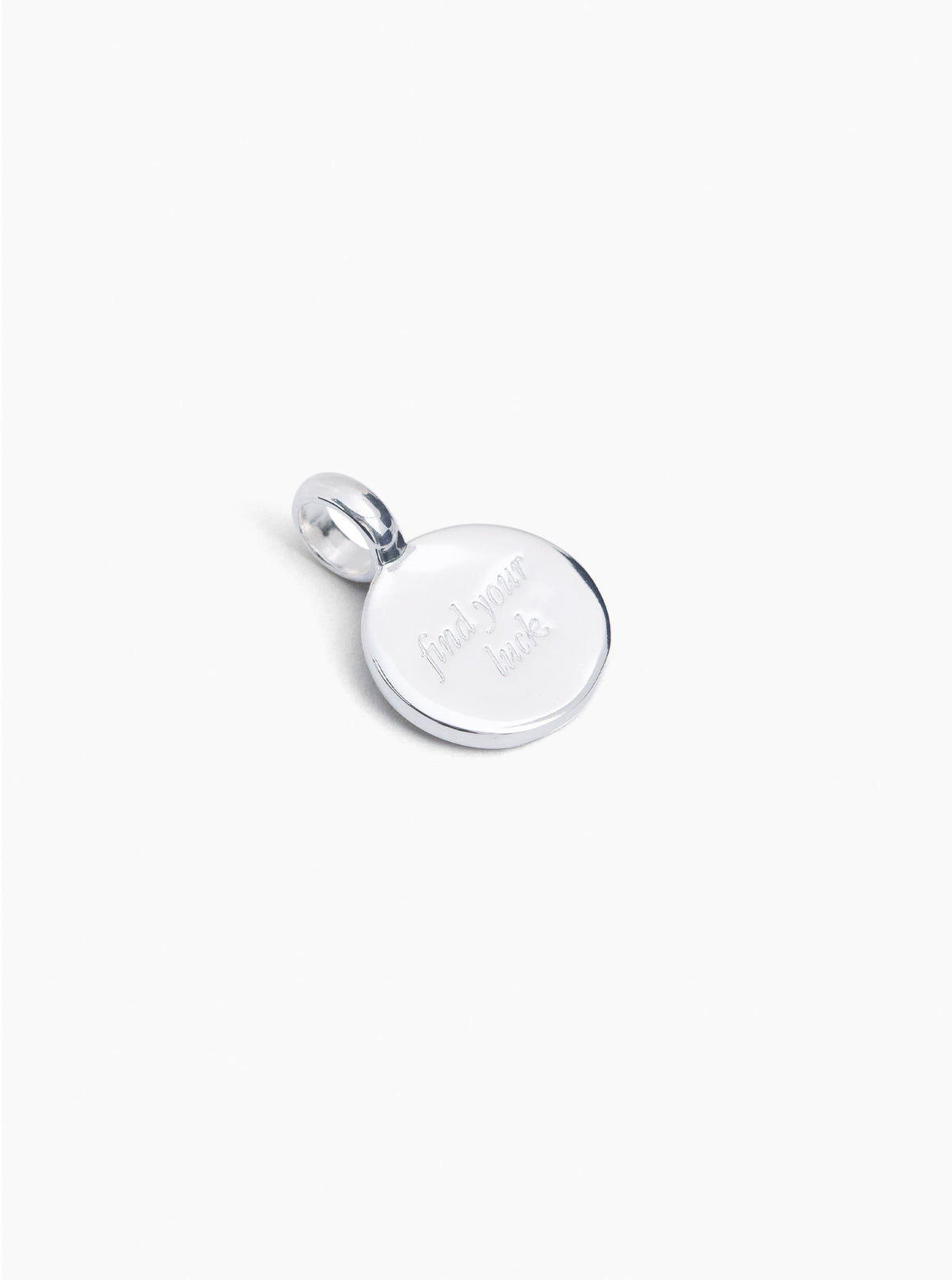 Small silver round clover charm with engraved details and top bail loop
