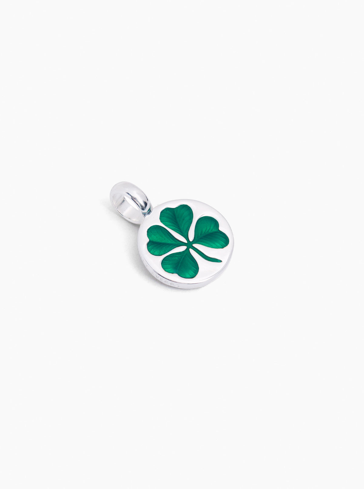 Small silver round clover charm with green enamel four-leaf motif and top bail loop