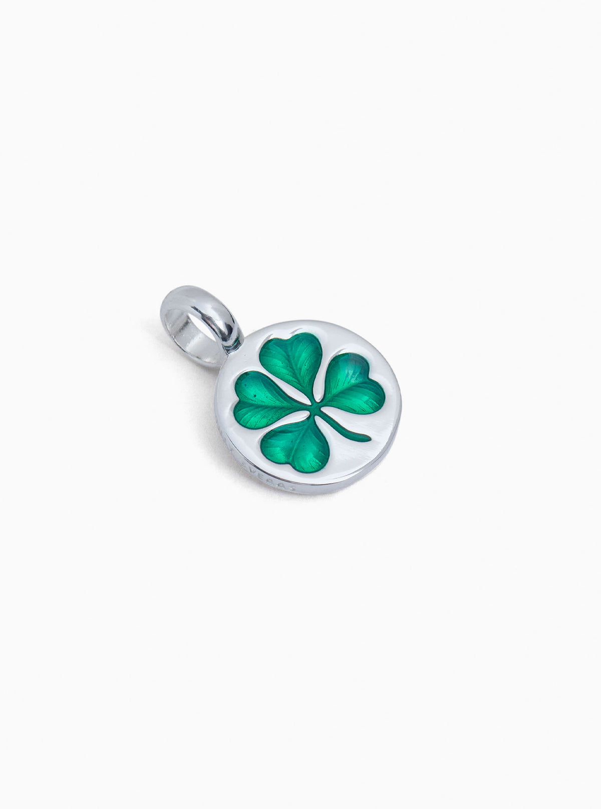 Small silver clover charm with green enamel four-leaf design and bail loop