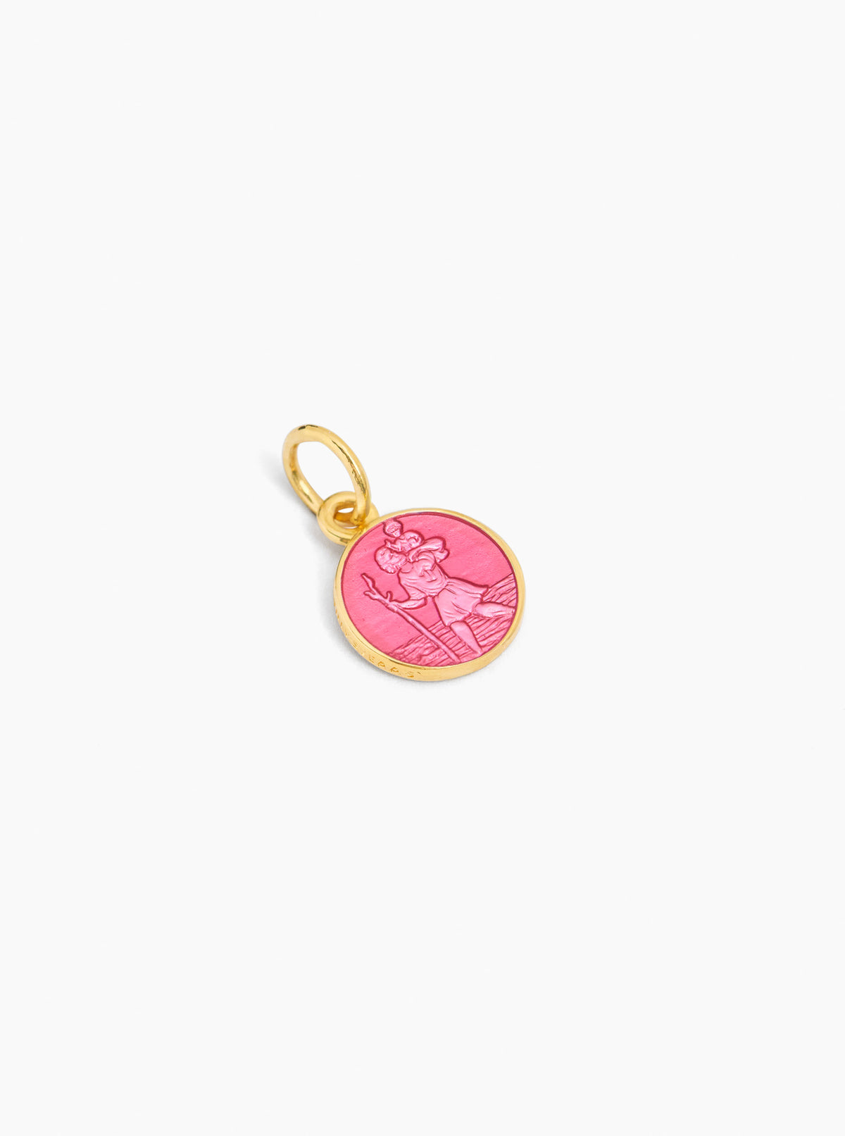Pink St Christopher charm pendant with saint figure on round medallion
