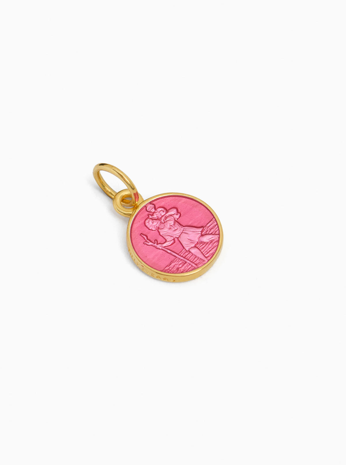 Pink St Christopher charm pendant with gold-tone bail and circular pink enamel face