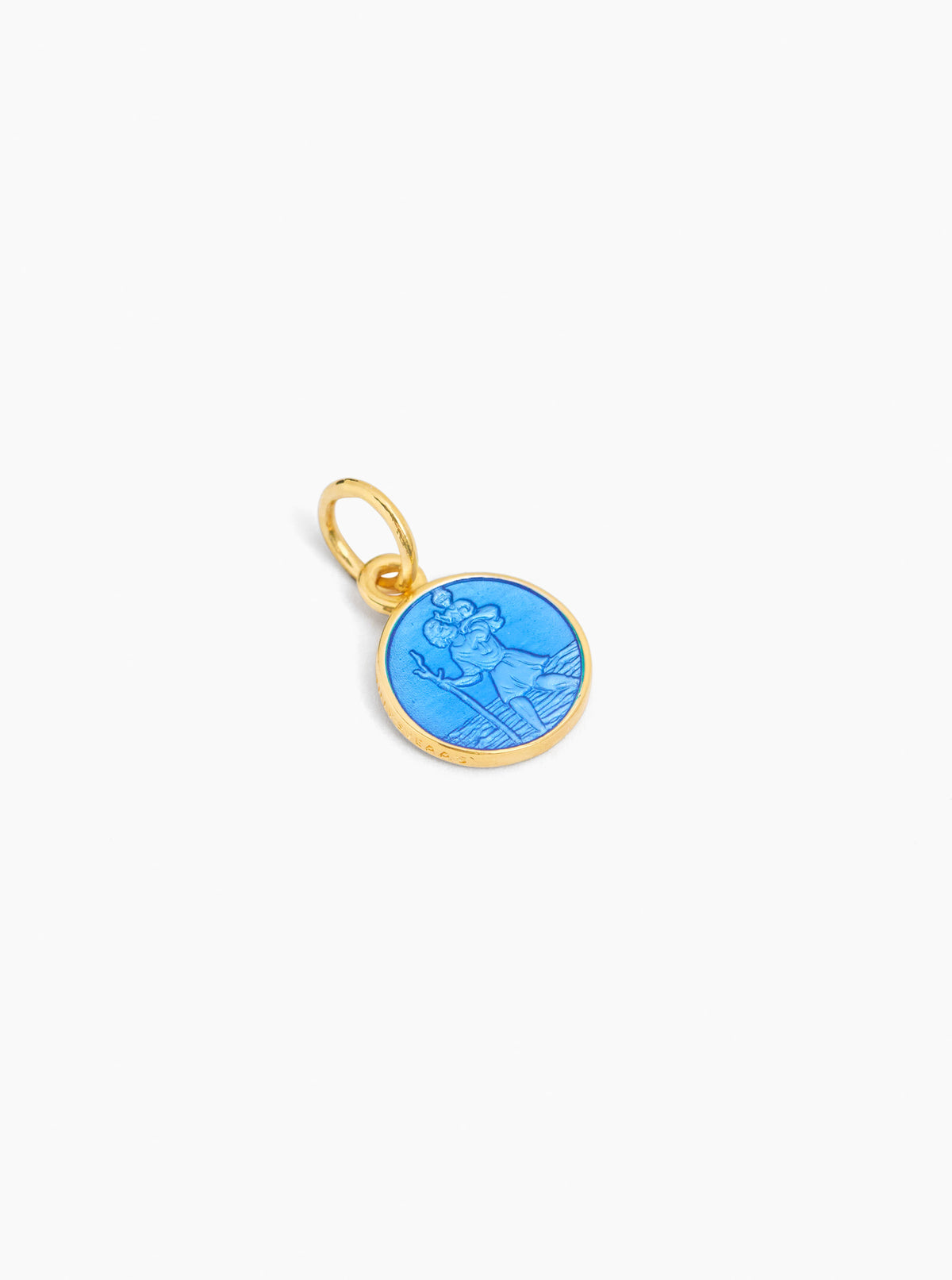 Blue Saint Christopher round charm with gold-tone bail and blue enamel figure