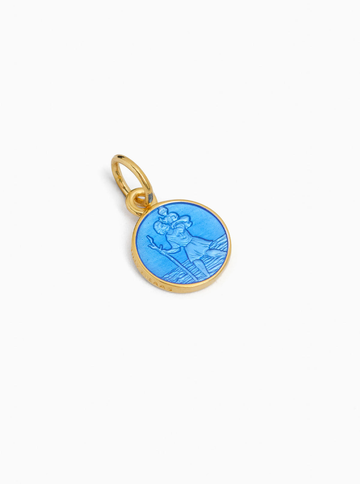 Blue St Christopher oval charm with gold-tone bail and relief figure detail