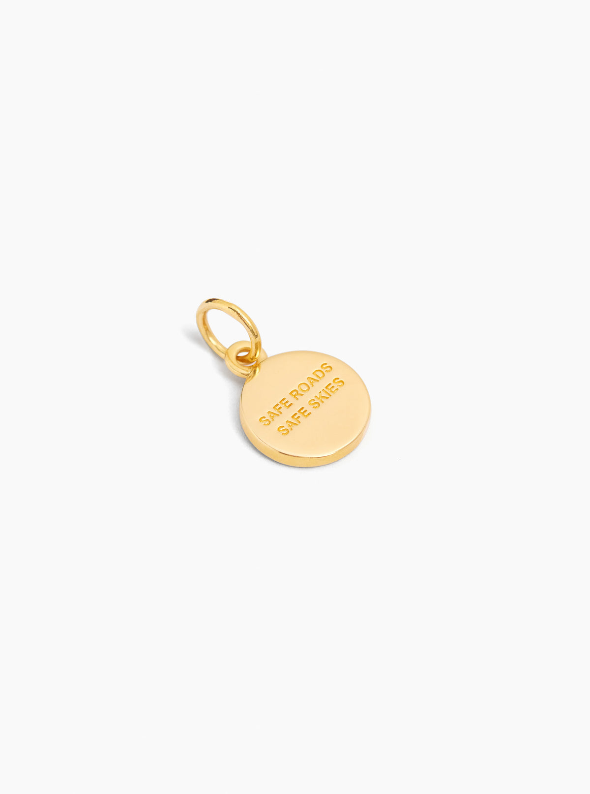 Pink St Christopher charm back with engraved message on round gold-tone pendant