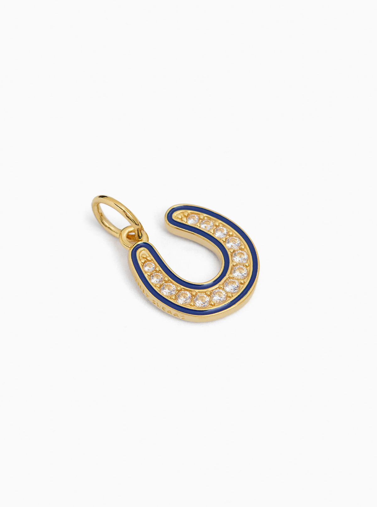 Gold horseshoe charm with blue enamel and clear stones
