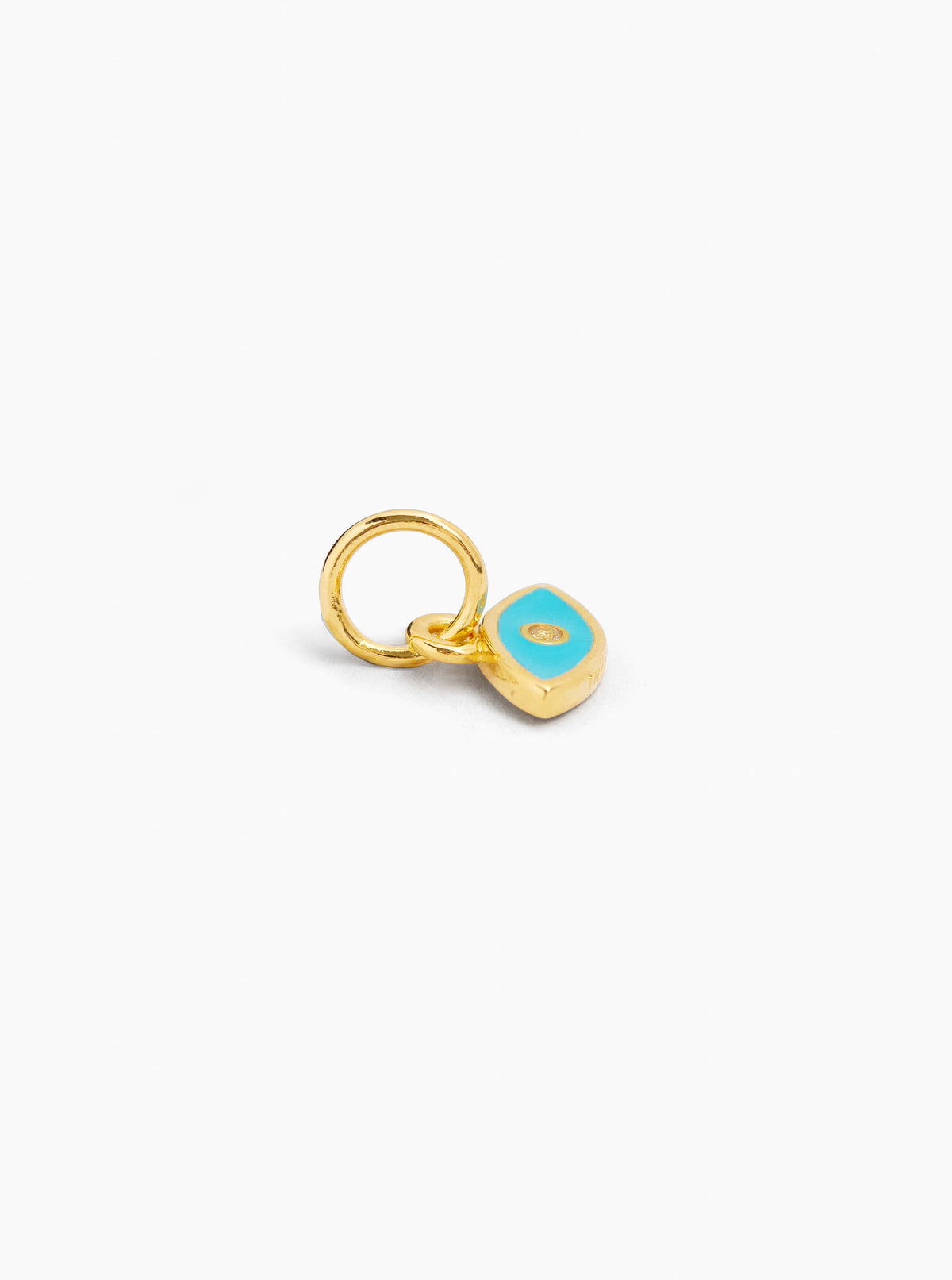 Gold evil eye charm with turquoise teardrop pendant and small eye detail, with ring loop