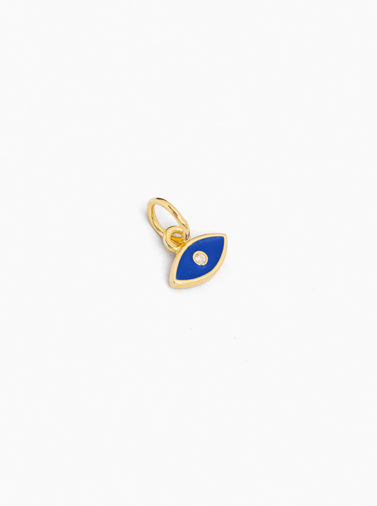 Navy-blue evil eye charm with gold-tone loop bail, teardrop pendant