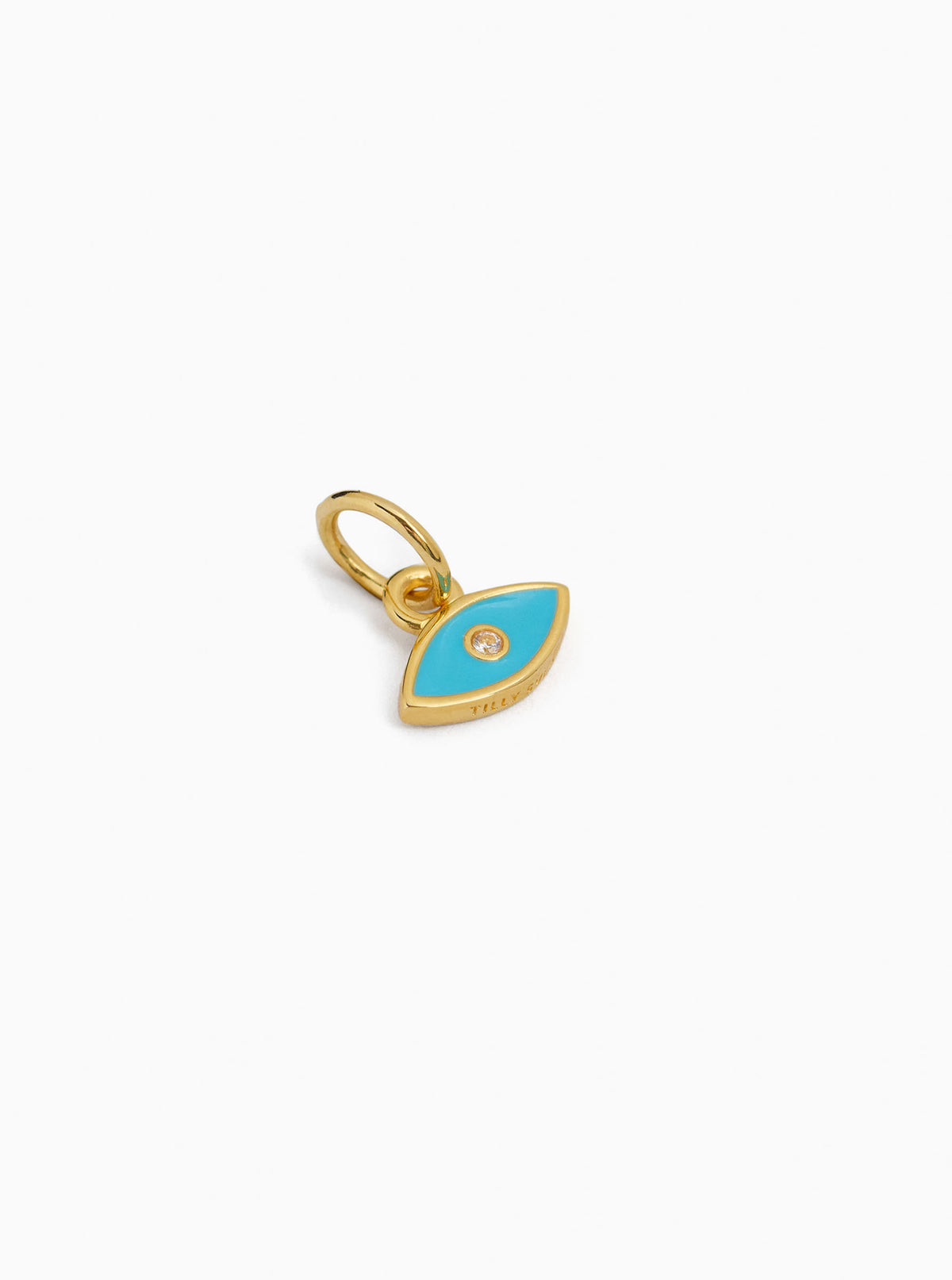Gold-toned loop evil eye charm with turquoise enamel drop and small center symbol