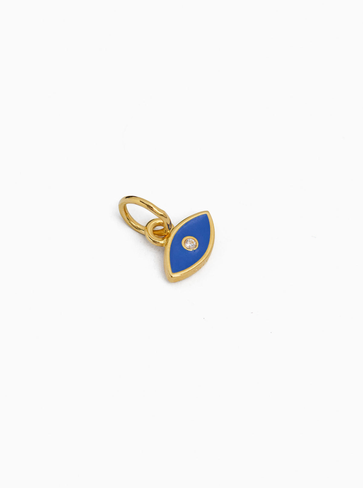Evil eye charm with blue teardrop enamel and gold bail loop