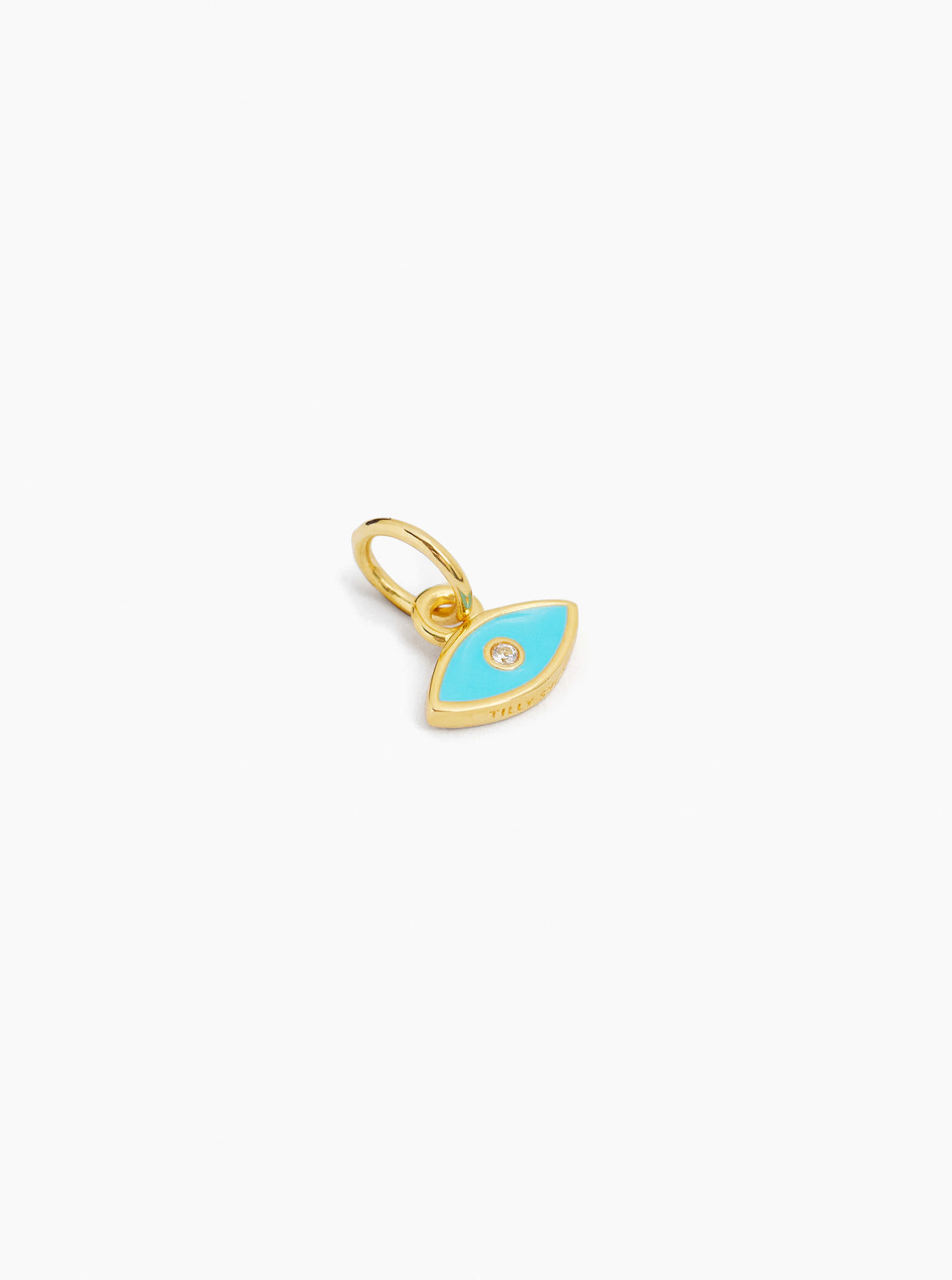 Gold evil eye charm with turquoise teardrop pendant and etched eye, loop bail