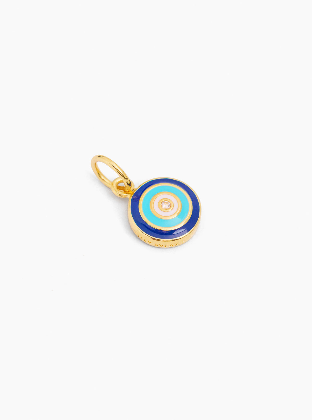 Gold-tone evil eye disc charm in navy blue enamel with attached loop bail