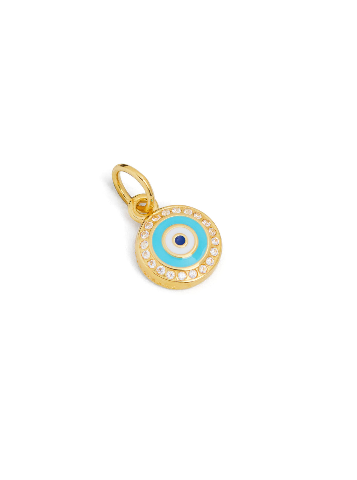 Gold disc charm with blue evil-eye enamel and small crystal border