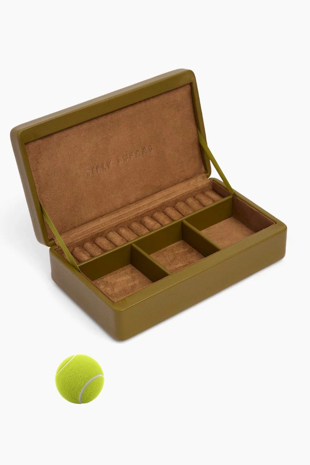 Olive green jewelry box, open with cushioned interior and four ring slots