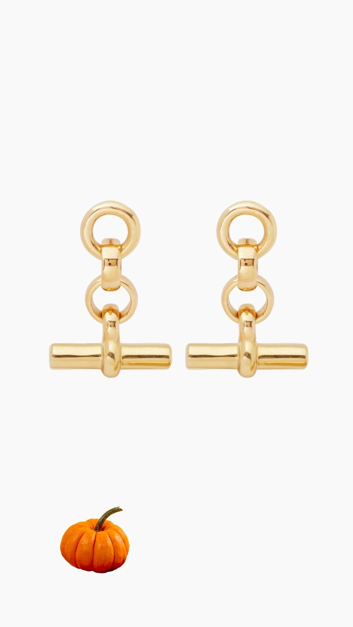 Gold T-bar drop earrings with linked circular loops and horizontal bar pendants