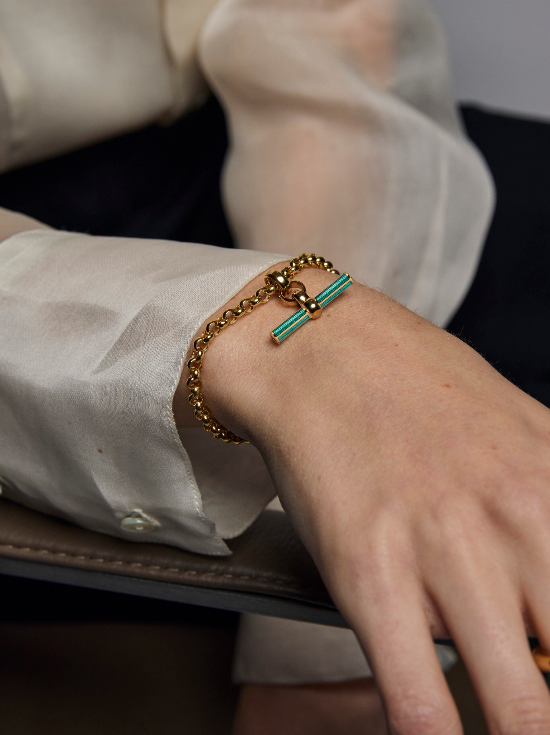 Turquoise Enamelled Small Gold T-bar on Belcher Bracelet
