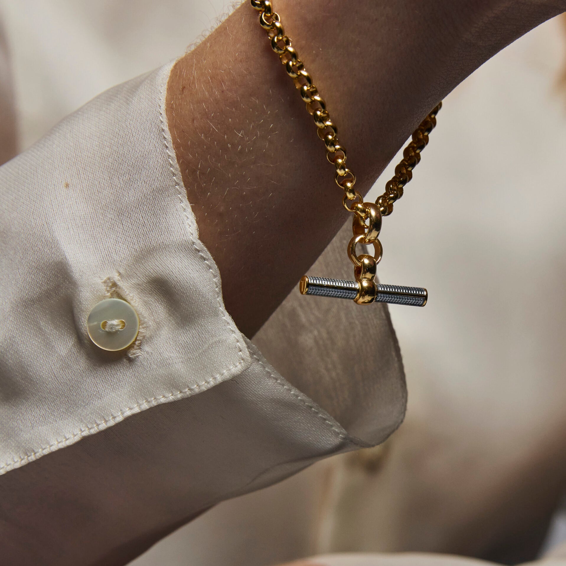 Grey Enamelled Small Gold T-bar on Belcher Bracelet
