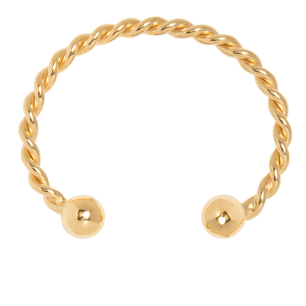 Gold roped torque bangle with round end charms