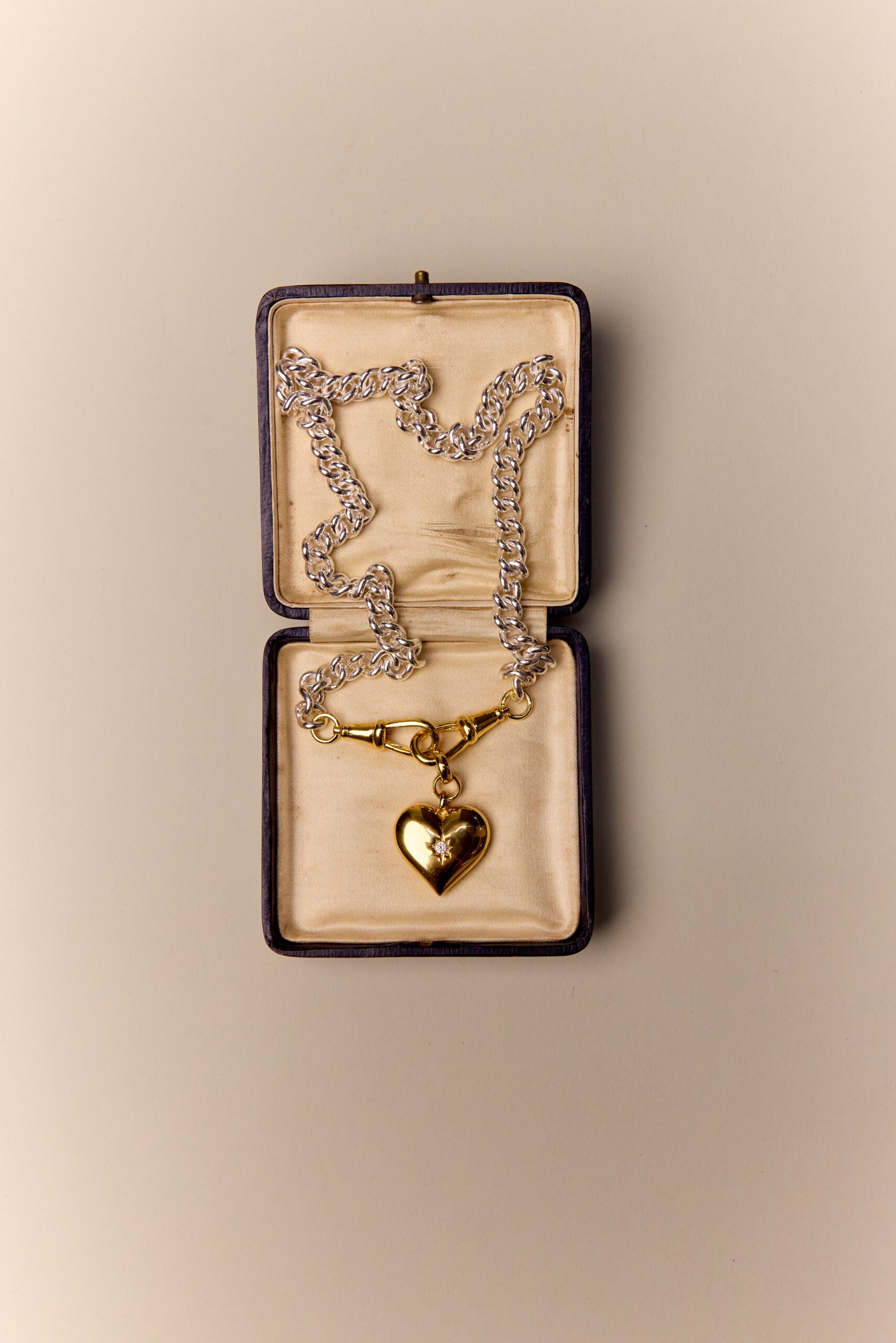 Mixed Metal Large Heart on Medium Curb Clipt Necklace
