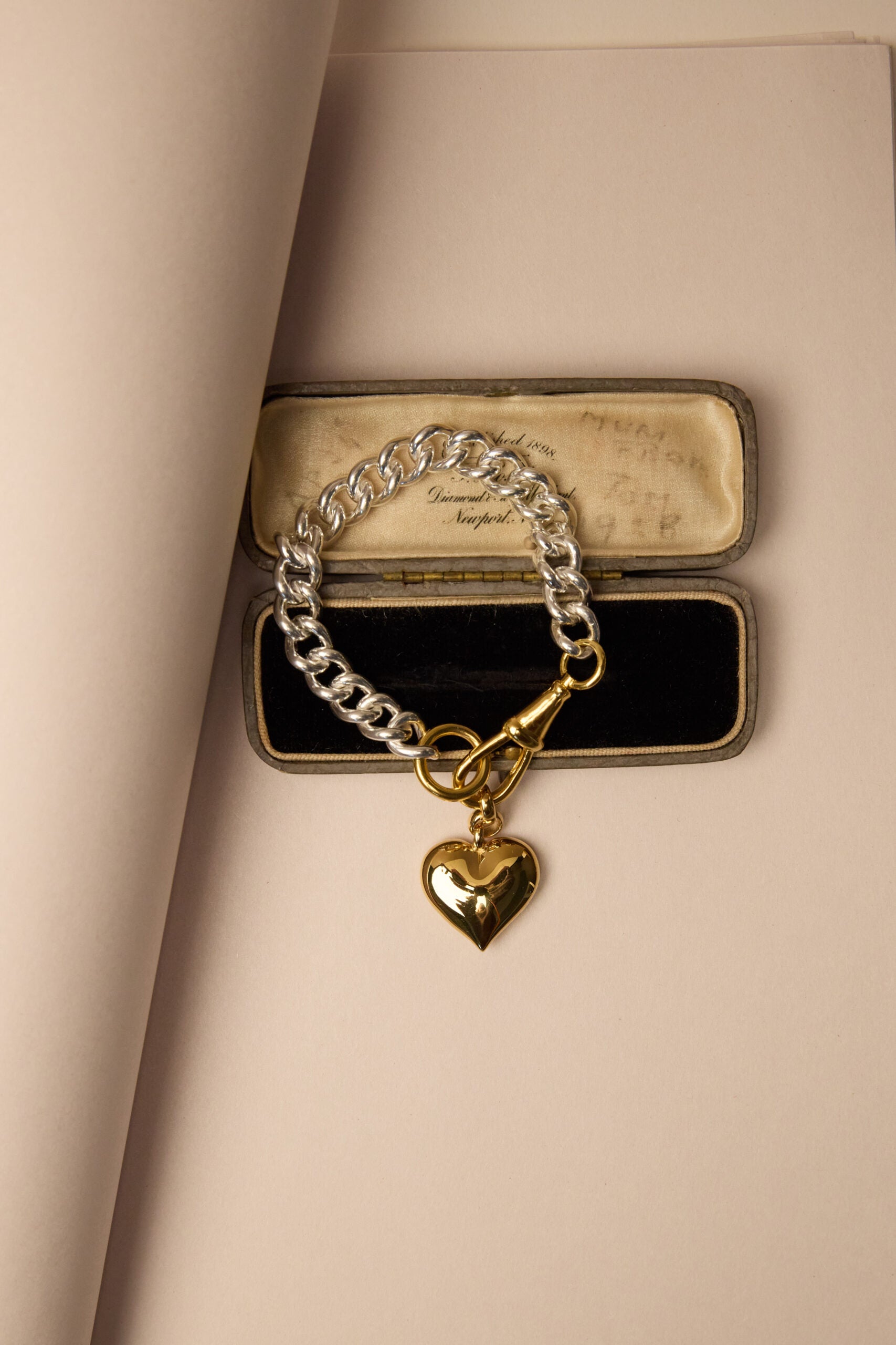 Mixed Metal Large Heart on Large Curb Clipt Bracelet