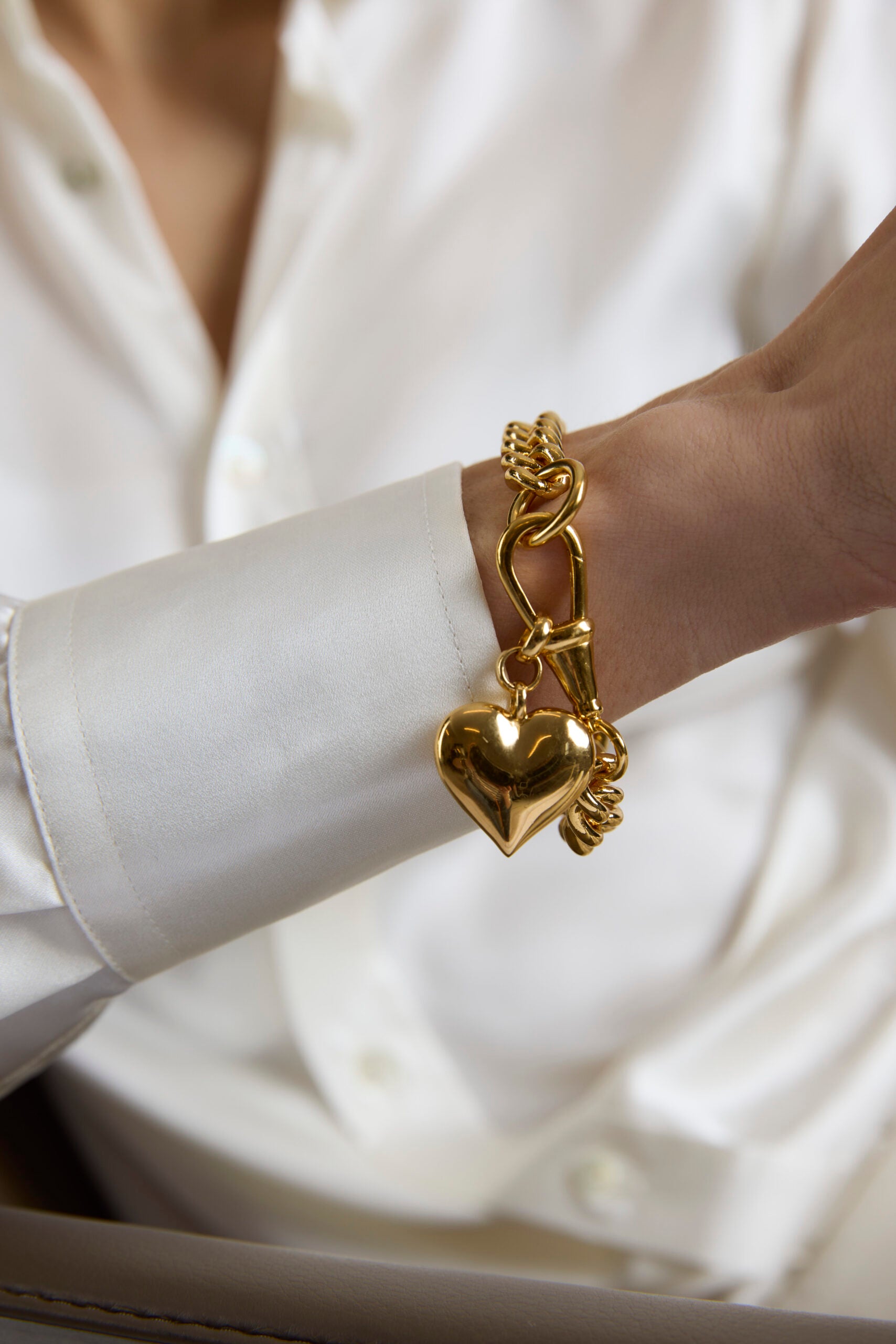 Large Gold Heart on Large Gold Curb Clipt Bracelet