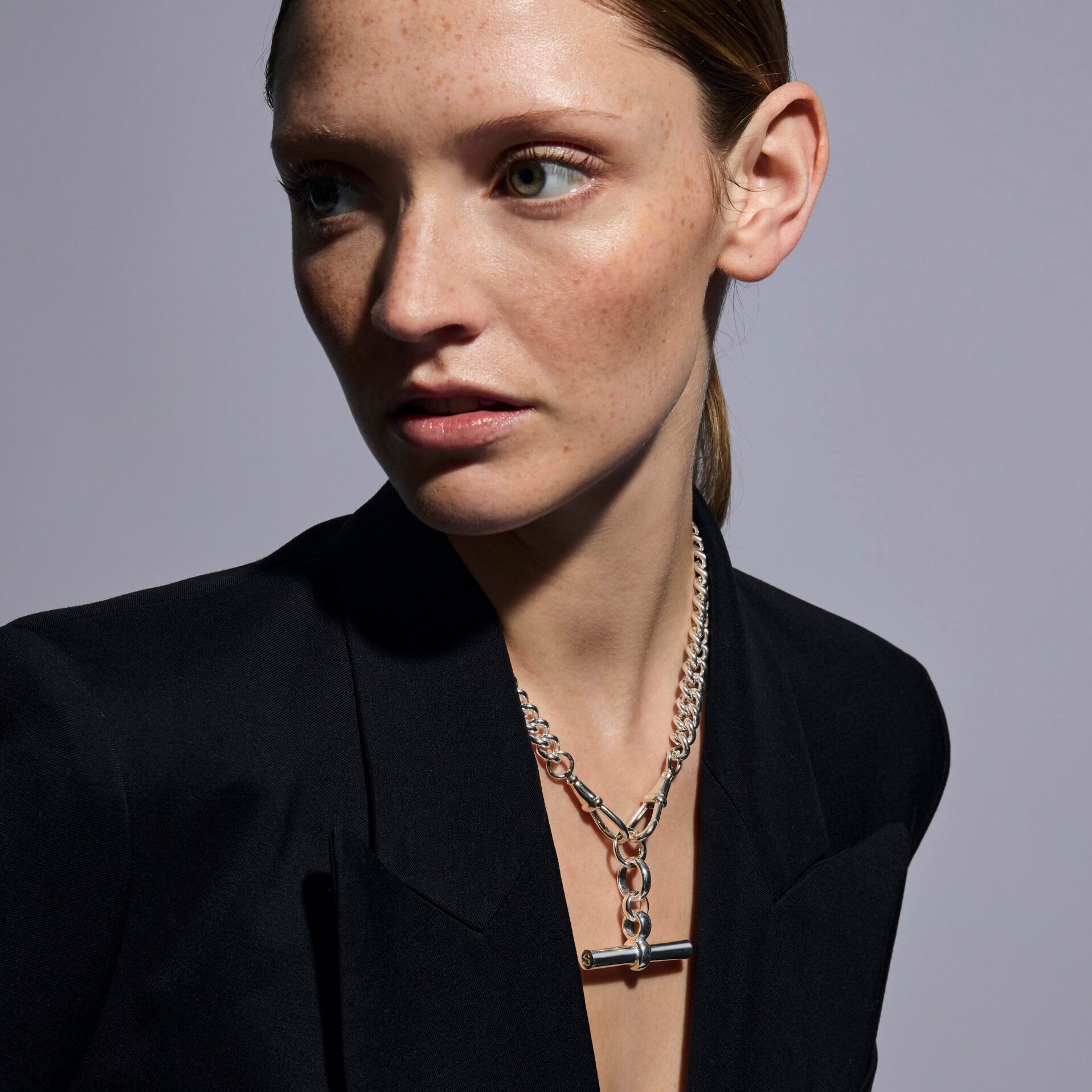 Giant Silver T-bar on Large Silver Curb Clipt Necklace