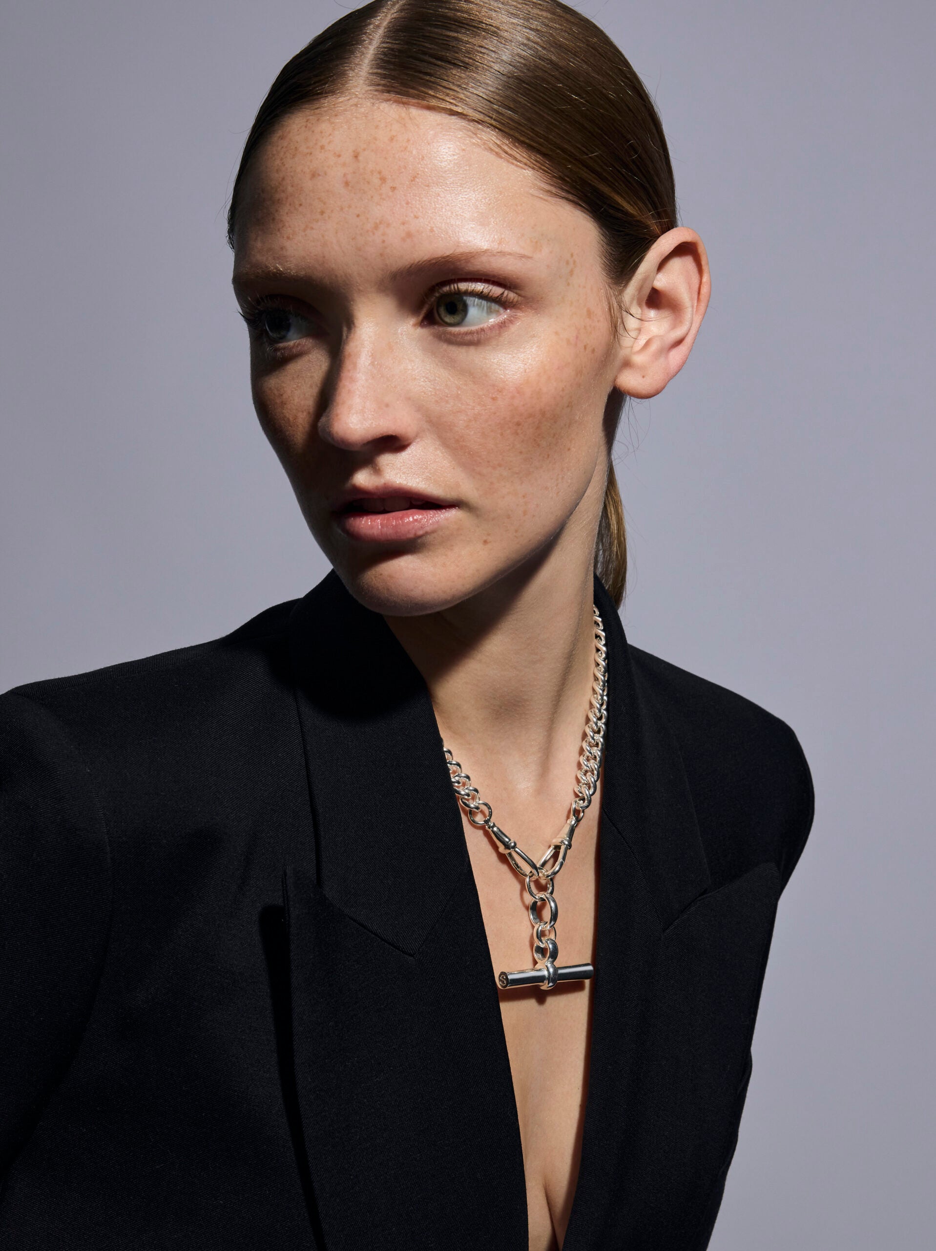 Giant Silver T-bar on Large Silver Curb Clipt Necklace