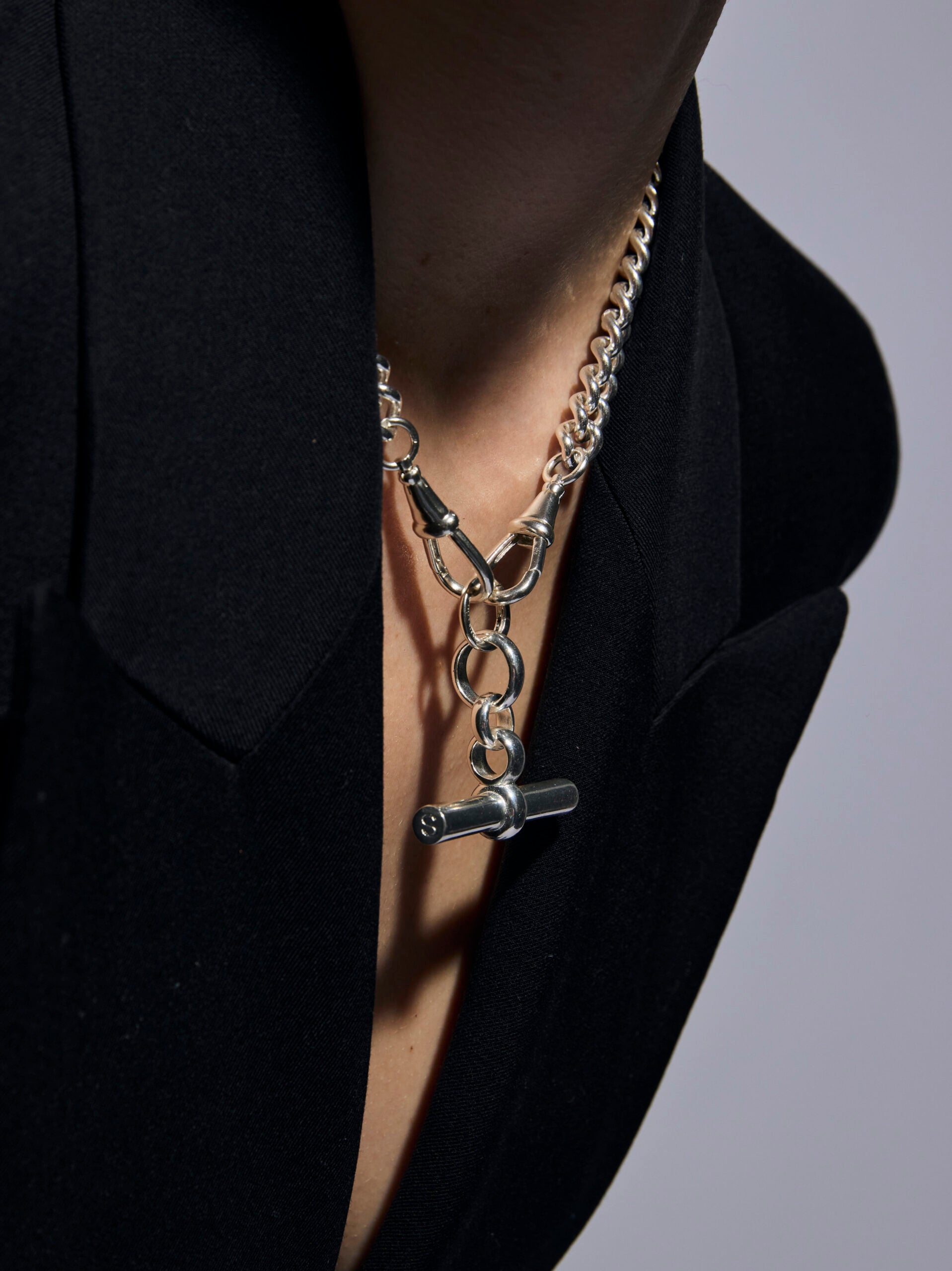 Giant Silver T-bar on Large Silver Curb Clipt Necklace