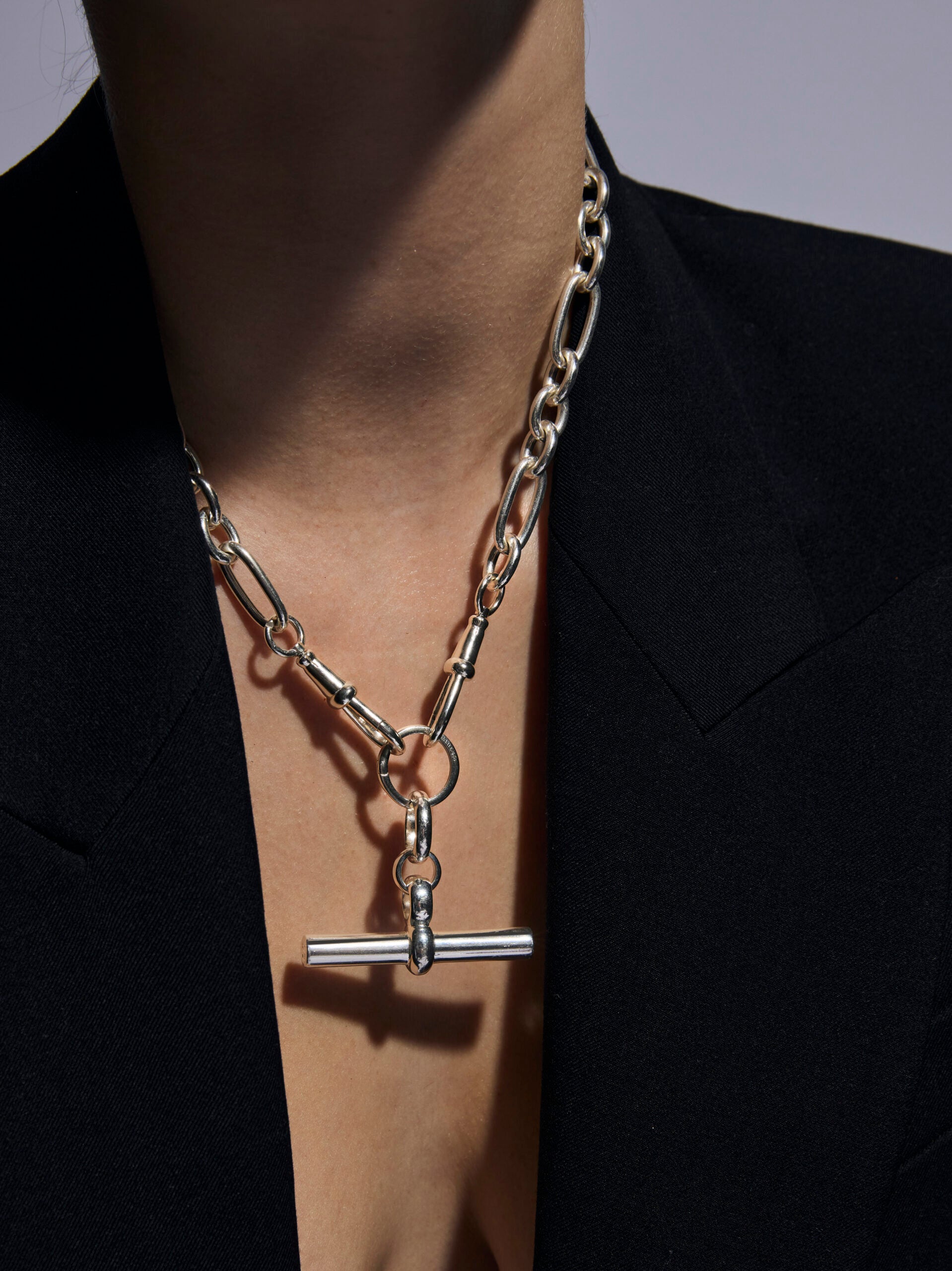 Giant Silver T-bar on Watch Clipt Necklace