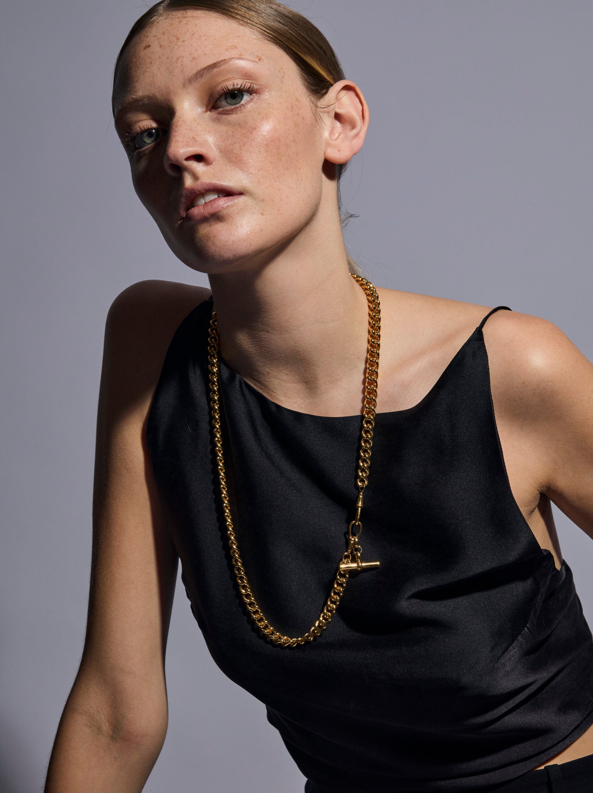 Medium Gold T-Bar on Long Large Gold Curb Clipt Necklace