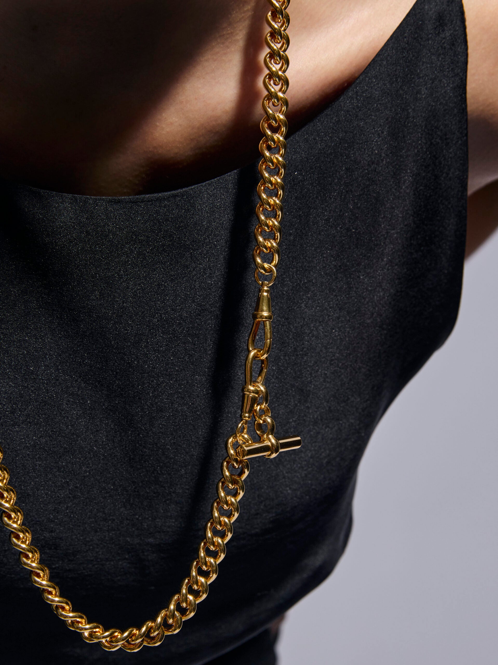 Medium Gold T-Bar on Long Large Gold Curb Clipt Necklace