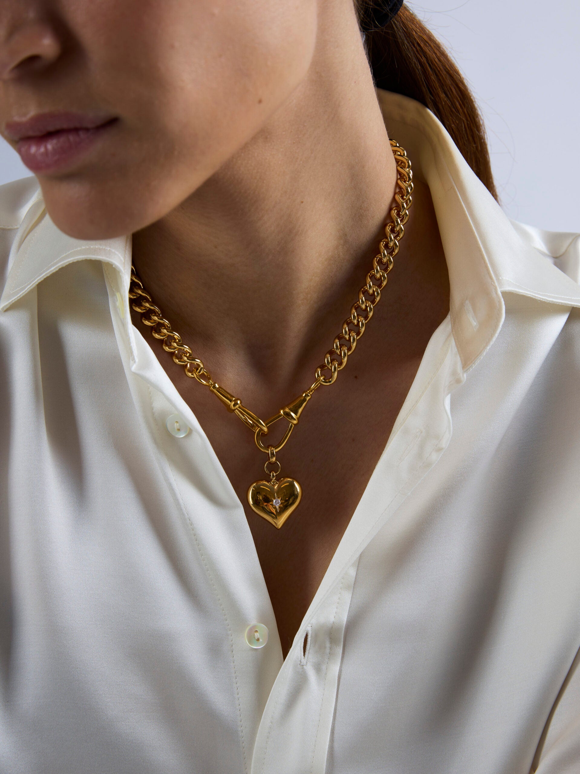 Large Gold Heart on Large Gold Curb Clipt Necklace